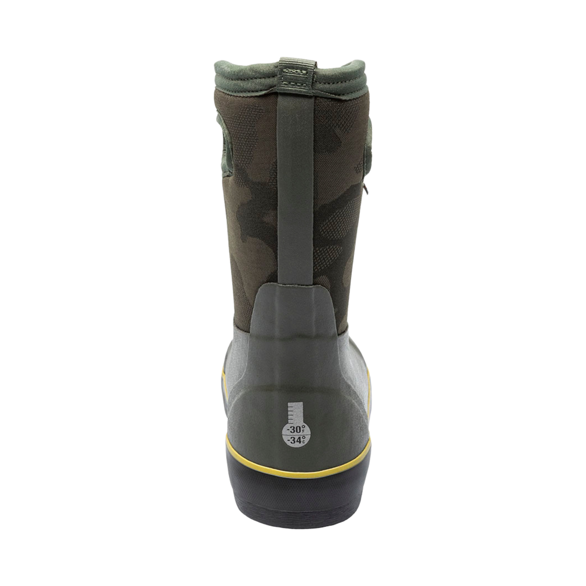 Rear view of BOGS Classic II winter boots in Dark Green Camo showing pull-on handles and reflective heel