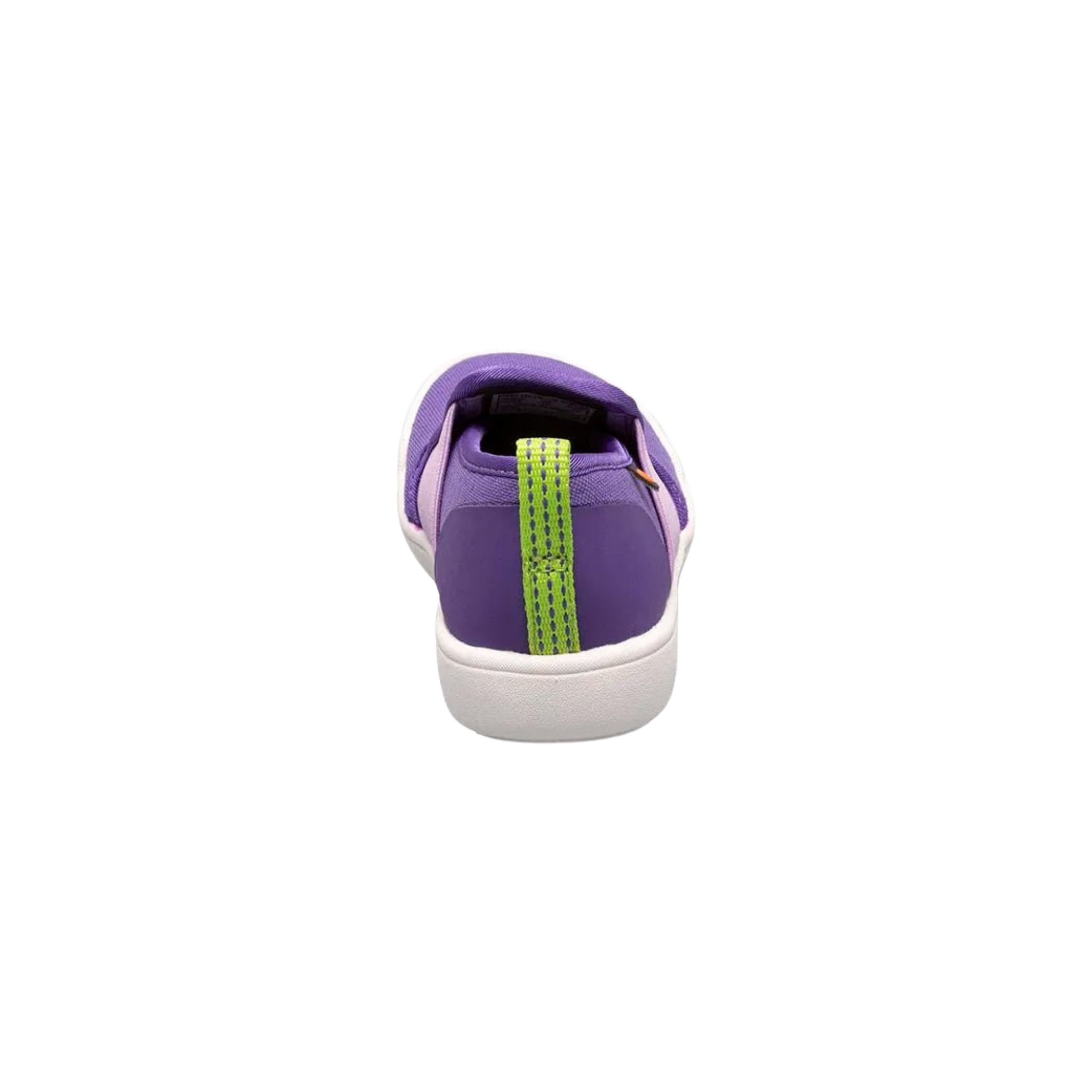 Rear view of BOGS Kicker II slip-on shoes in Purple, showing heel and pull handles