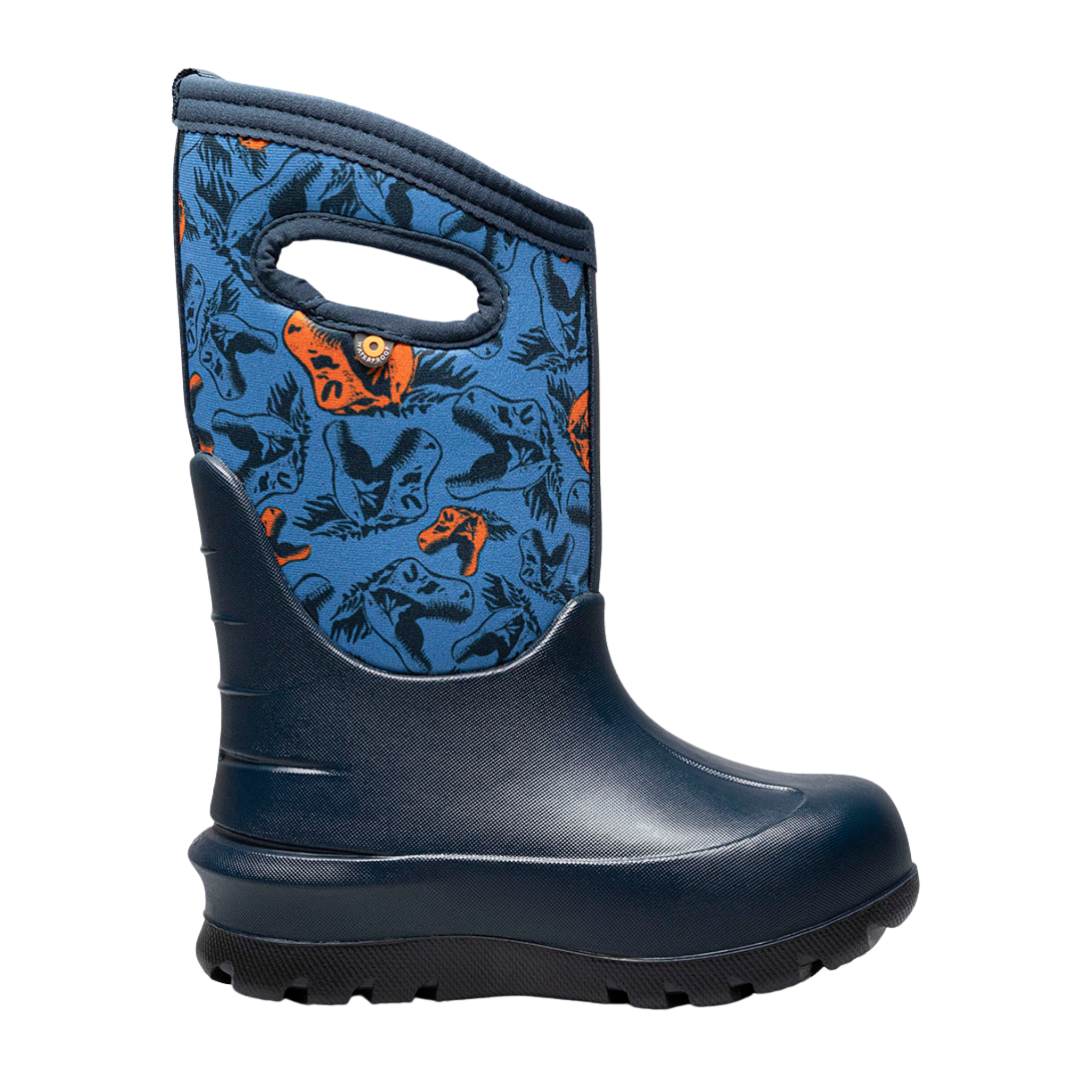 BOGS Neo-Classic waterproof winter boots in Cool Dinos design, suited for kids in snowy Whistler