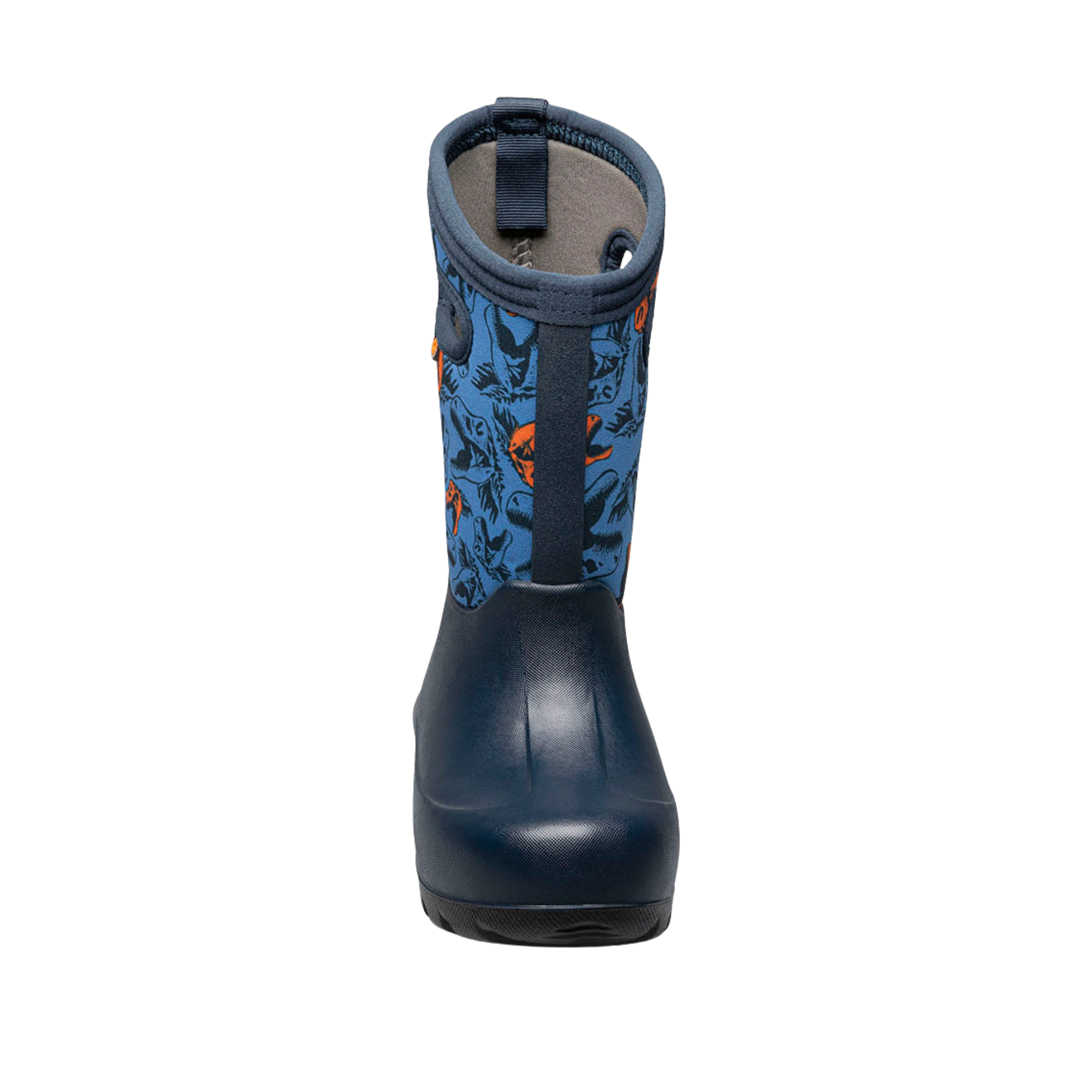 Front view of BOGS Neo-Classic waterproof winter boots in Cool Dinos design