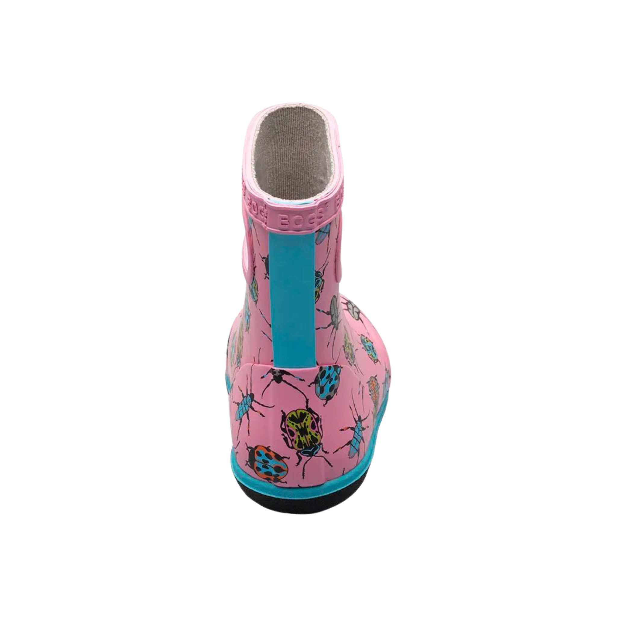 Rear view of BOGS Skipper II toddler boots in Bugs Blush Pink design, showing easy pull-on handles