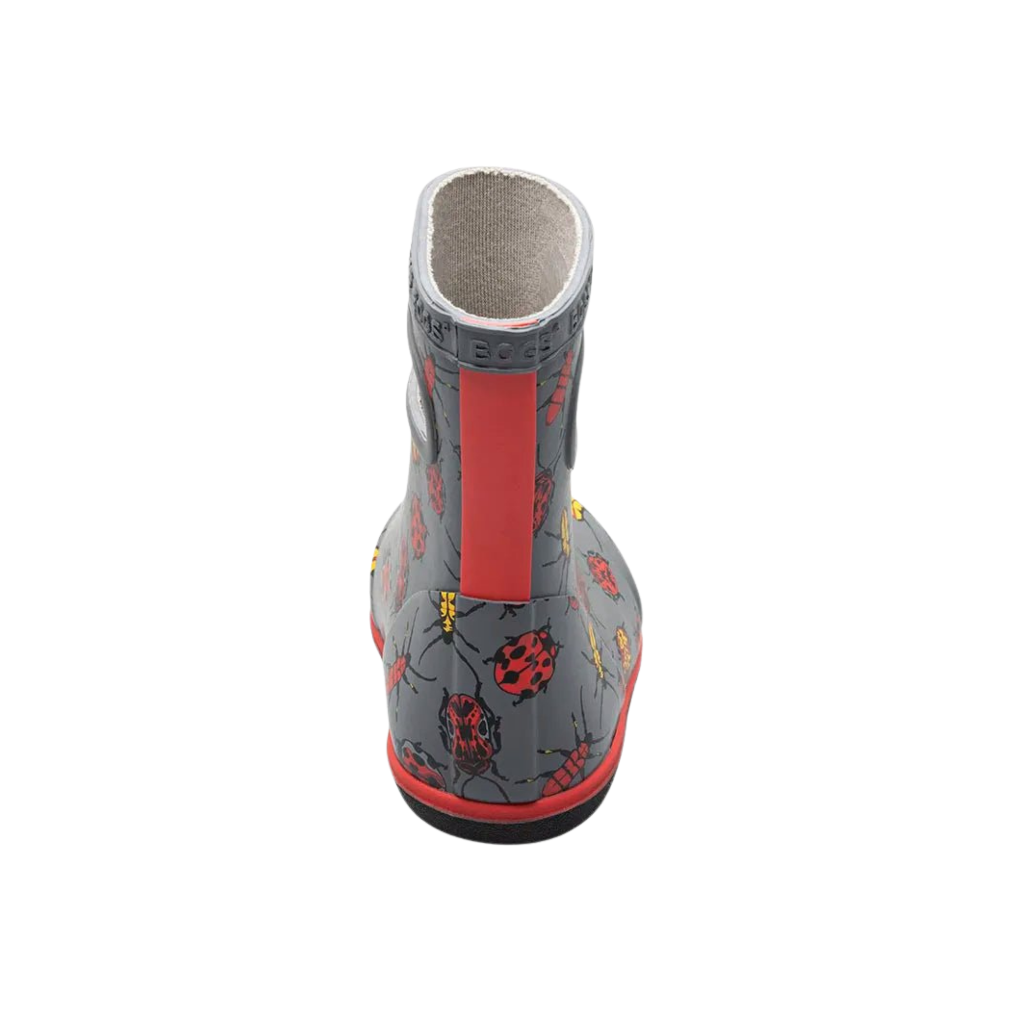 Rear view of BOGS Skipper II toddler boots in Bugs Grey design, showing easy pull-on handles