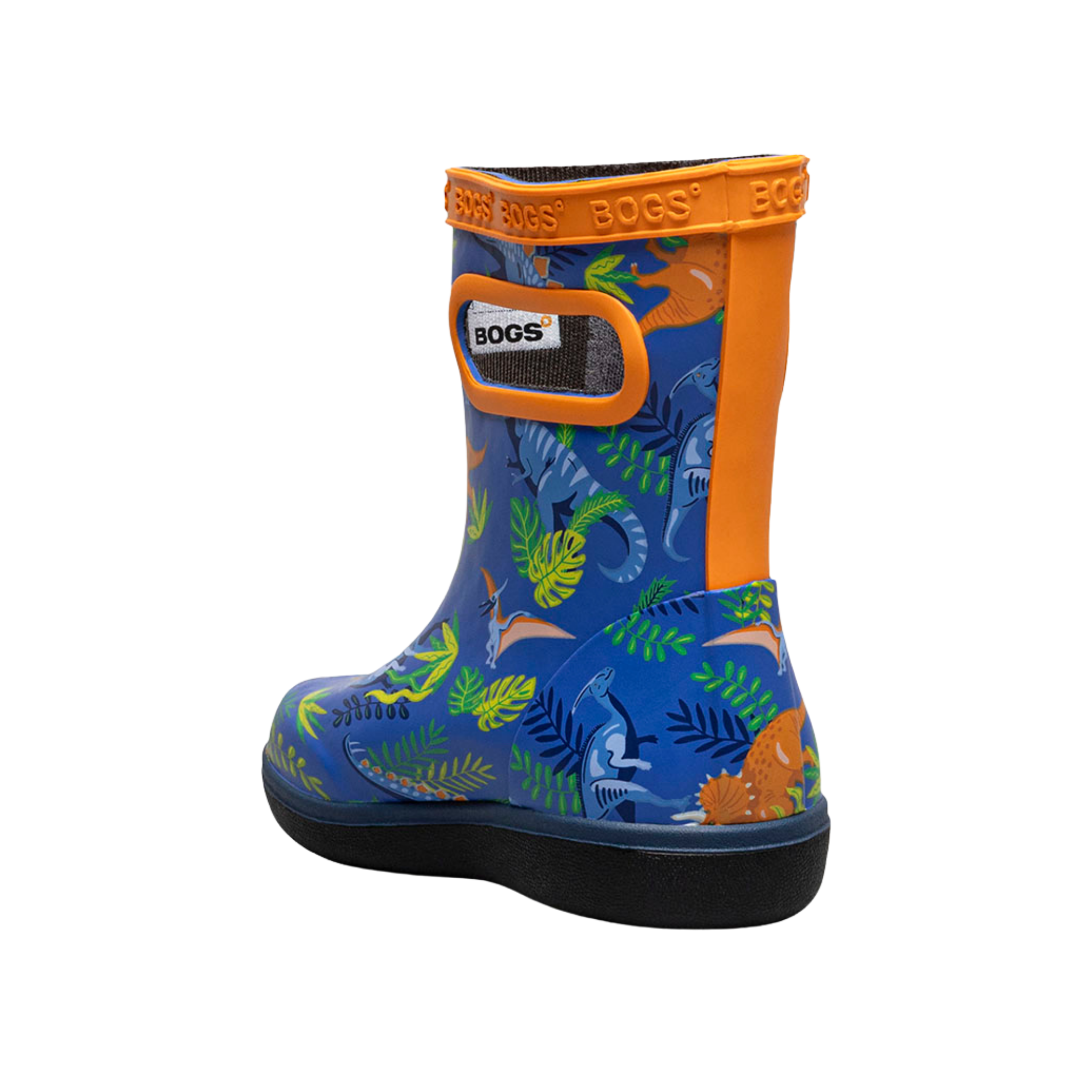 Rear view of BOGS Skipper II toddler boots in Dinosaur Jungle design showing easy pull-on handles