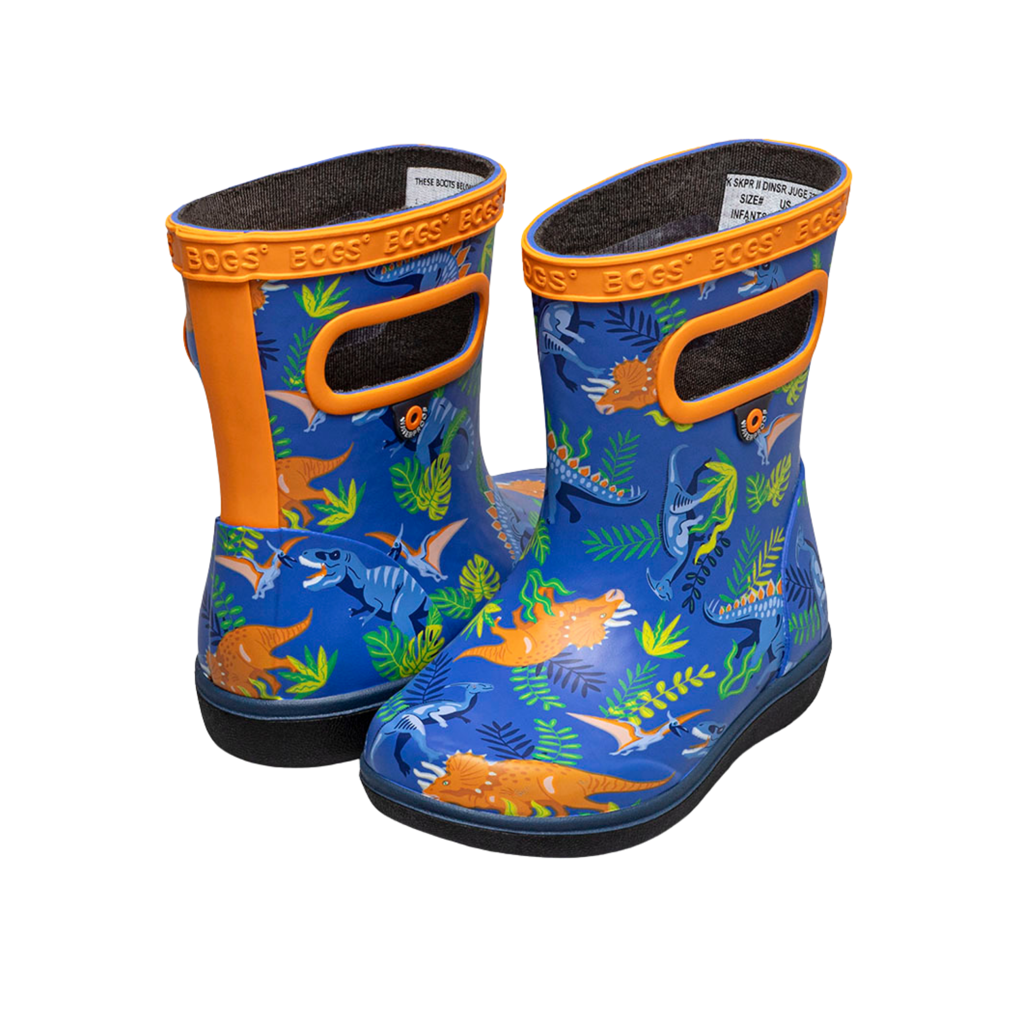 Side profile of BOGS Skipper II waterproof toddler boots in Dinosaur Jungle design with flexible rubber construction