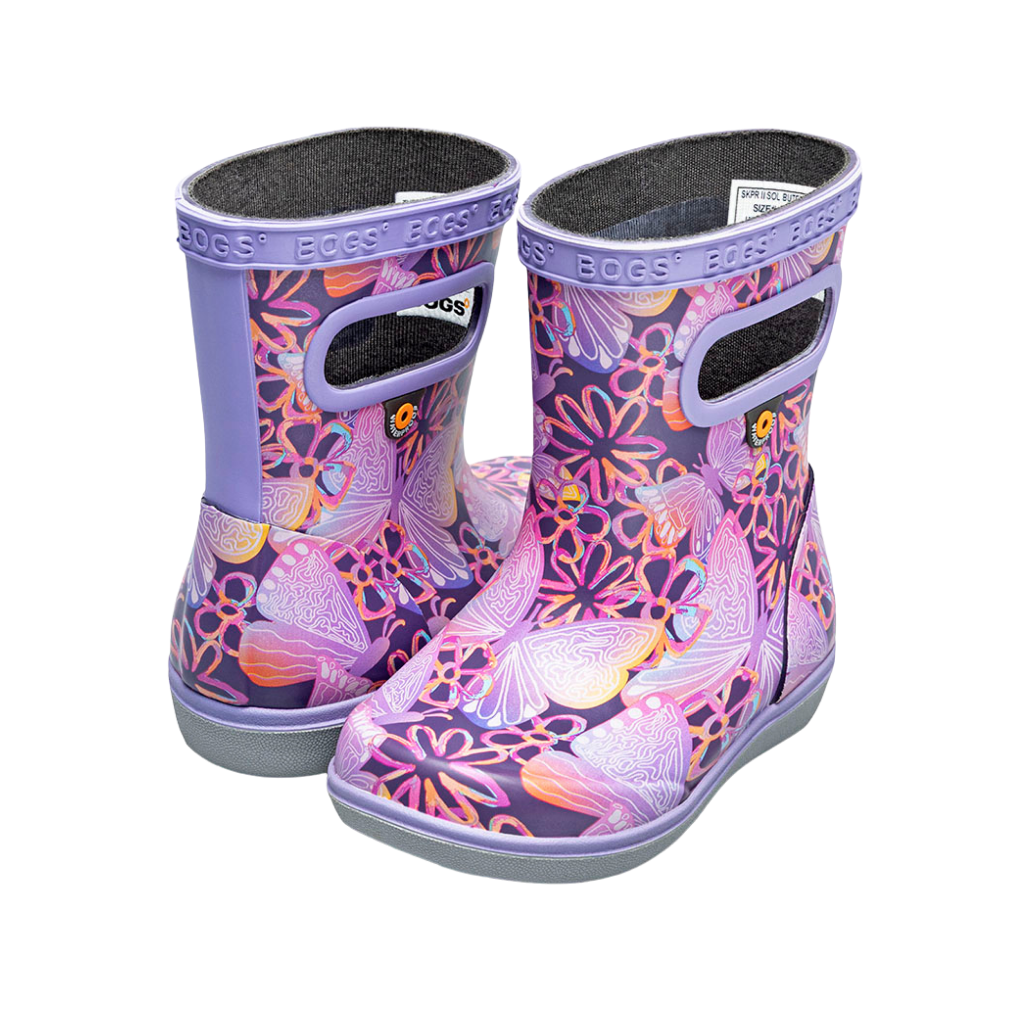 Side profile of BOGS Skipper II waterproof toddler boots in Solar Butterfly design with flexible rubber construction