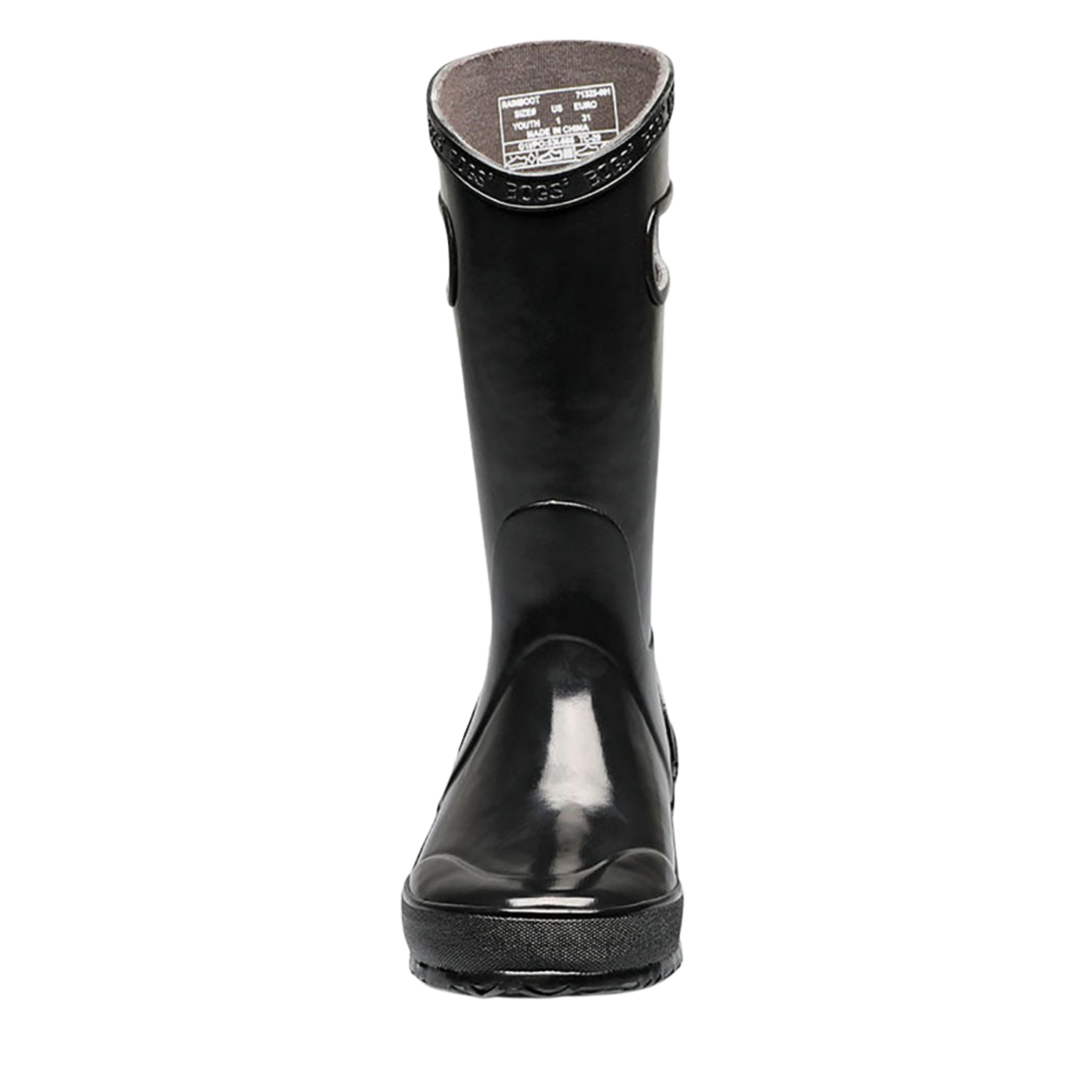 Front view of BOGS waterproof kids rain boots in Black