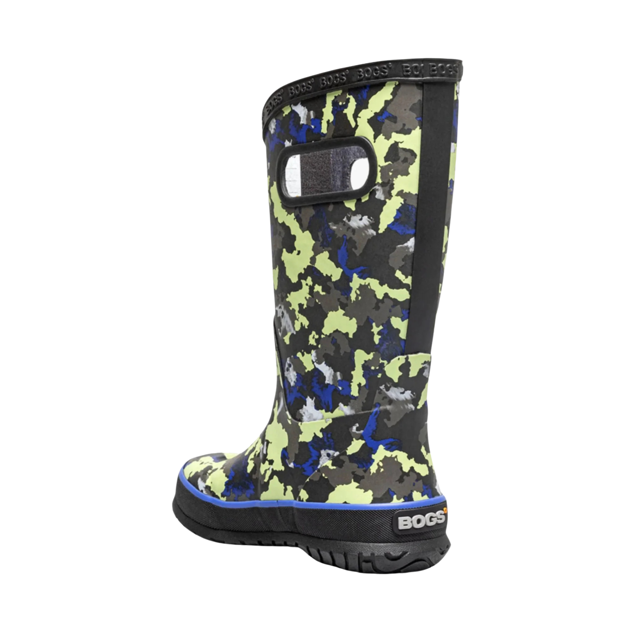 Rear view of BOGS waterproof rain boots in Camo/Black Multi design, showing the heel and back design