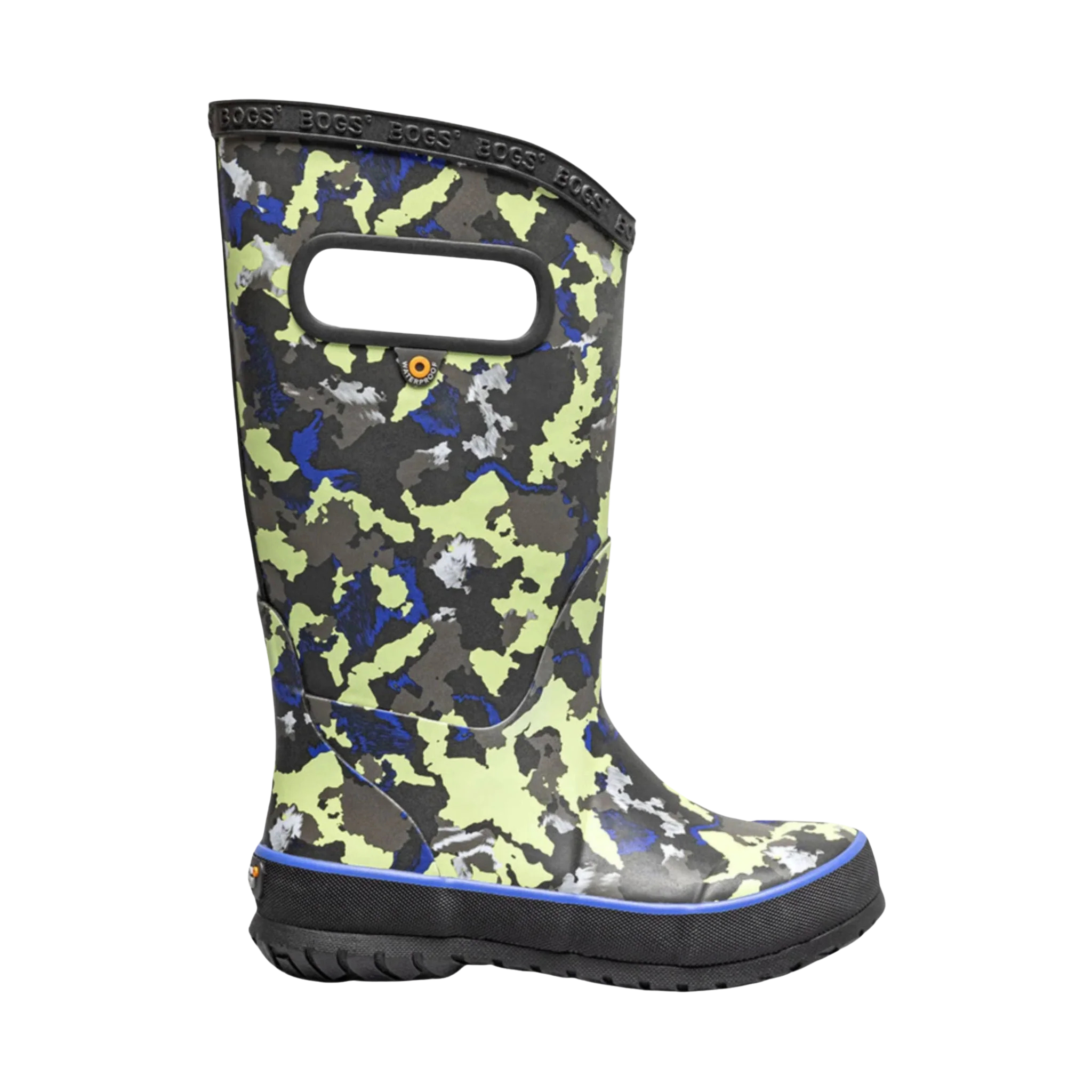 Side profile of BOGS waterproof rain boots in Camo/Black Multi design with flexible rubber construction