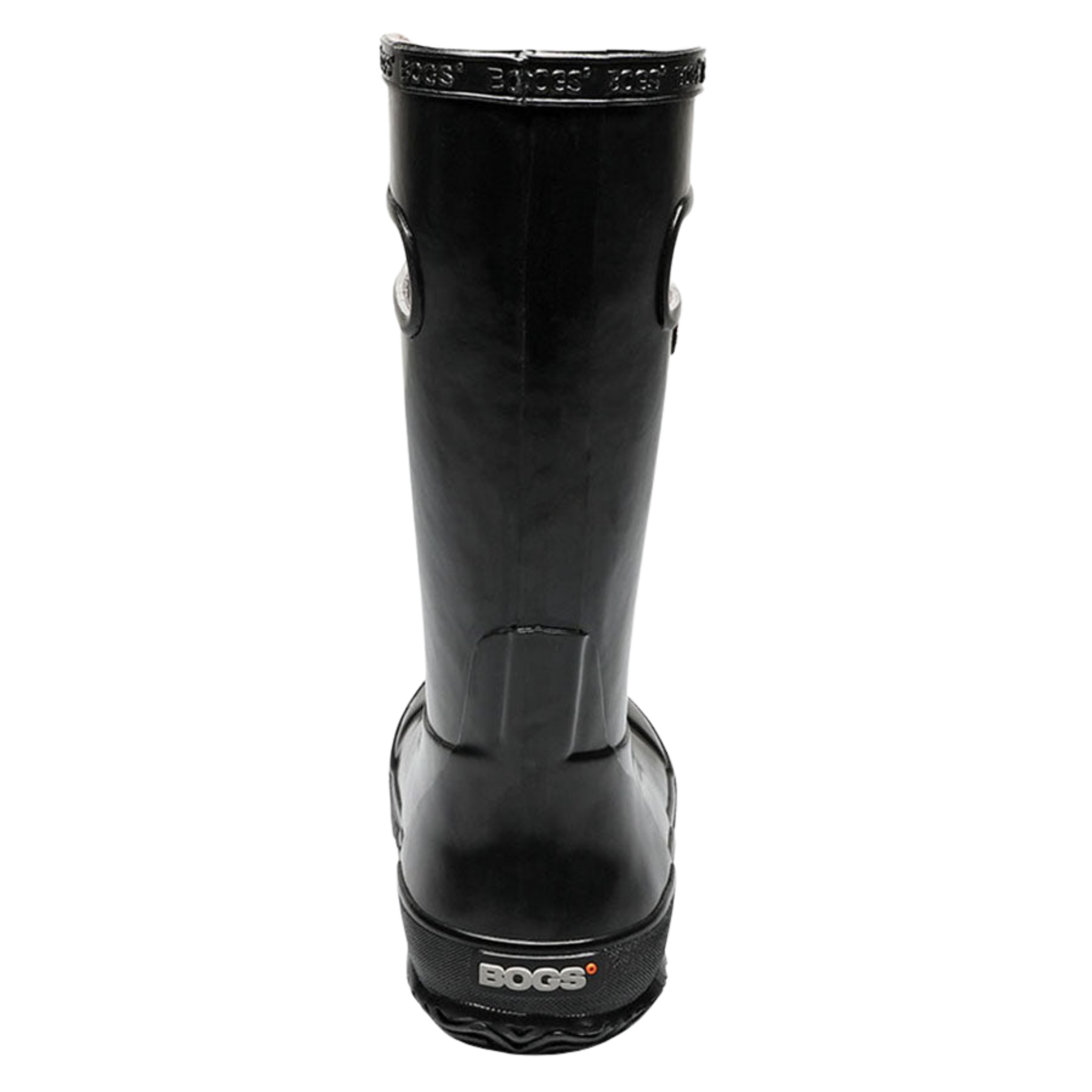 Rear view of BOGS waterproof rain boots in Black showing the heel and back design