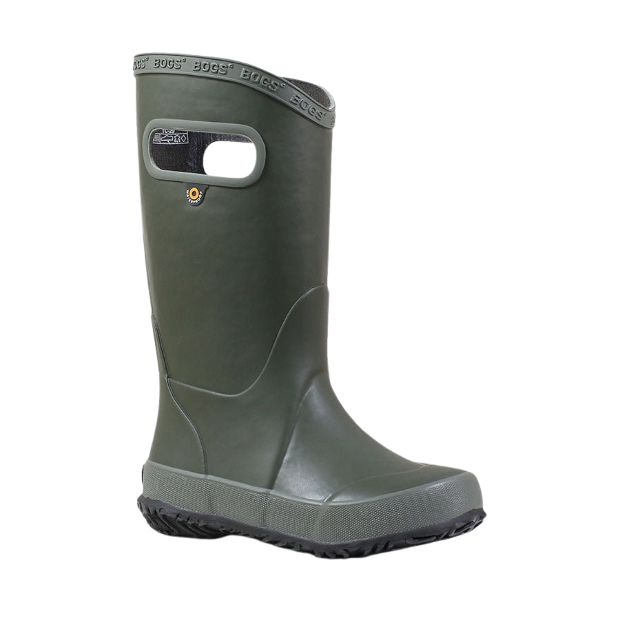Side profile of Dark Green BOGS waterproof rain boots with flexible rubber construction