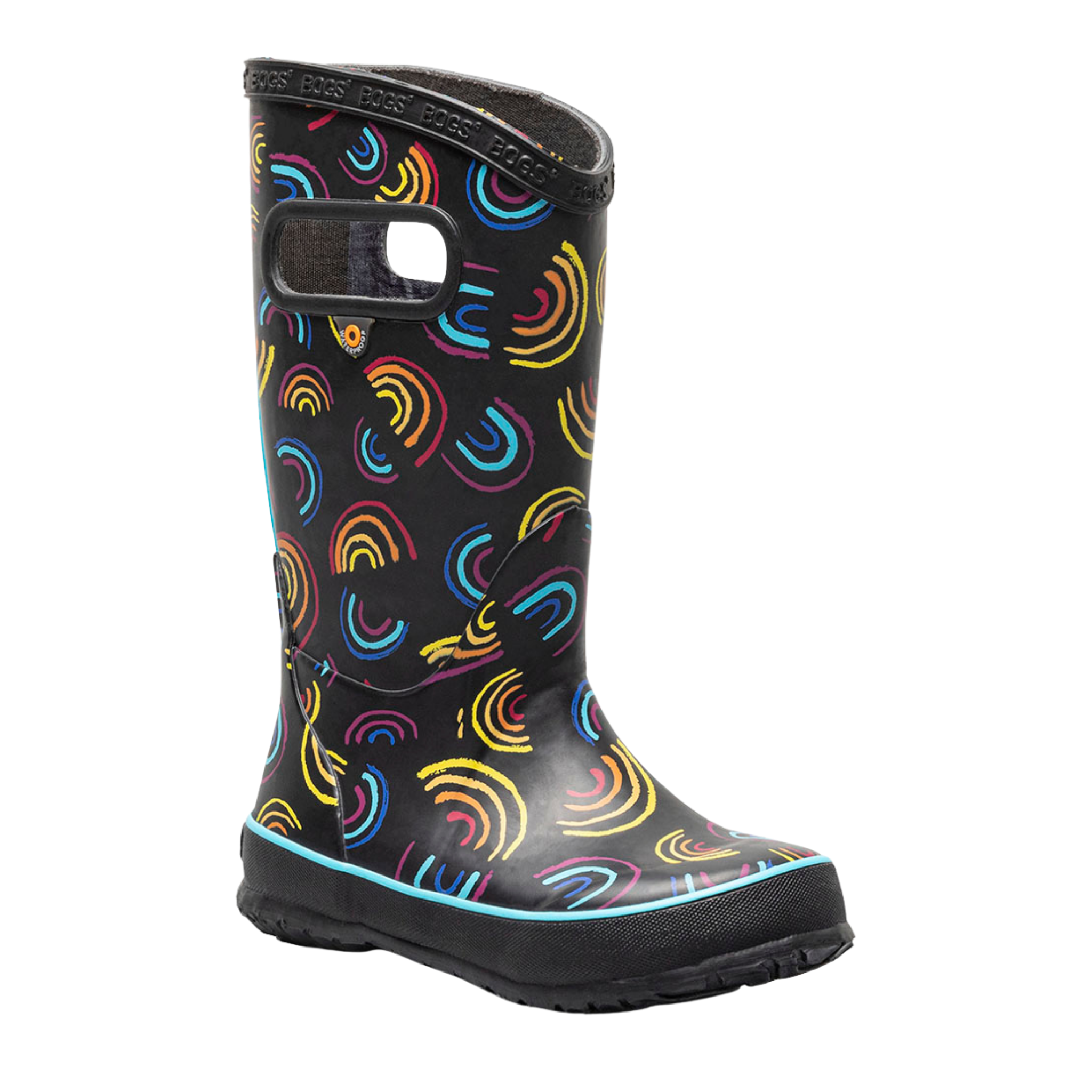 Side profile of BOGS waterproof rain boots in Wild Rainbow with flexible rubber construction