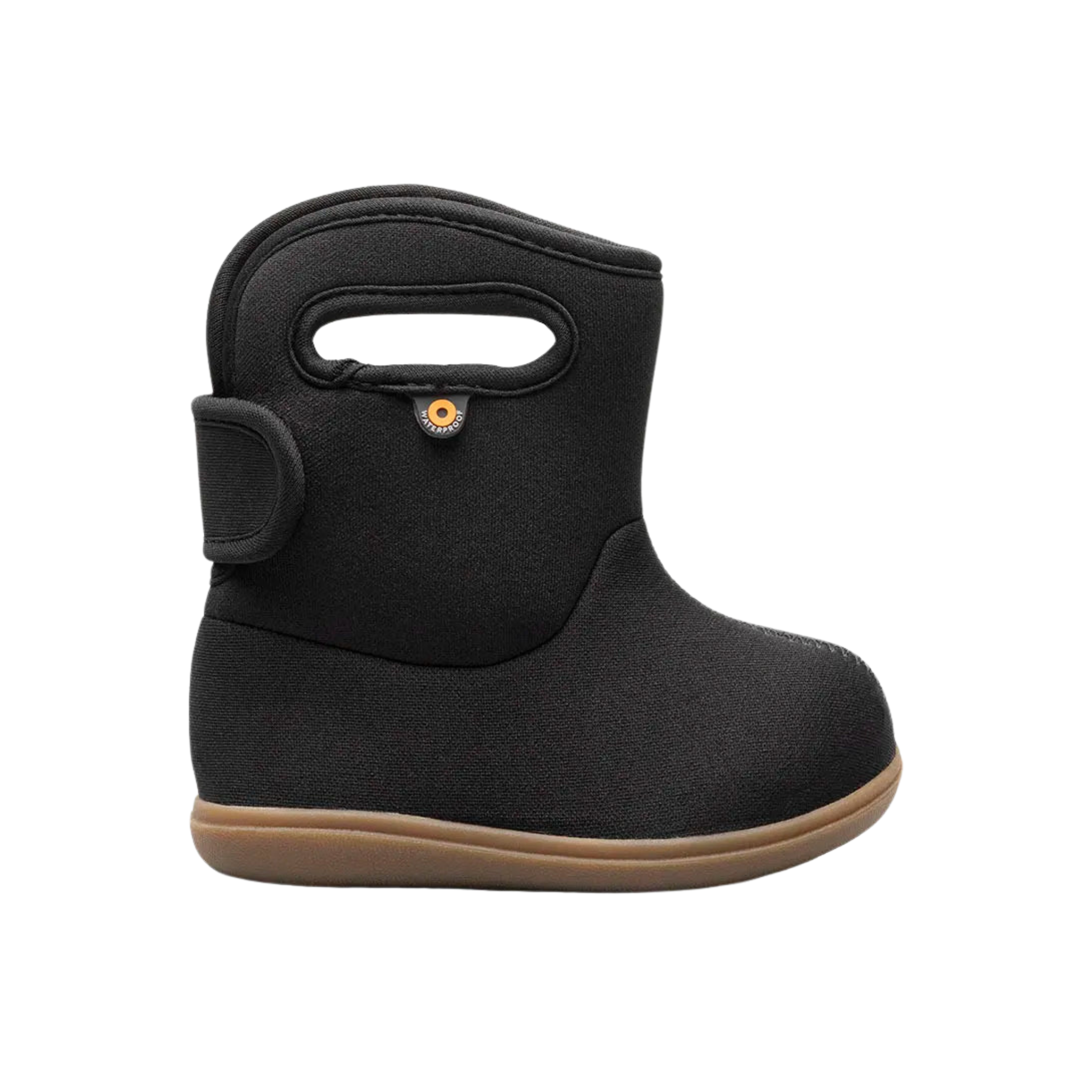 Side profile of BOGS waterproof rain boots in Black Multi with flexible rubber construction