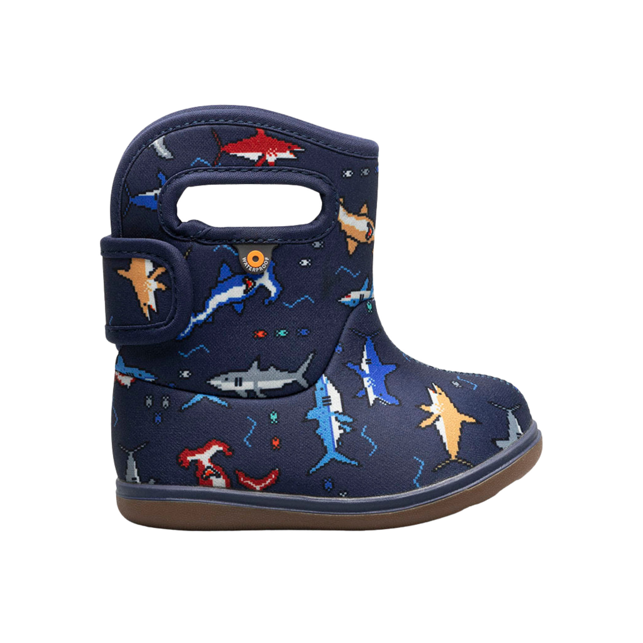 Side profile of BOGS waterproof rain boots in Shark design with flexible rubber construction