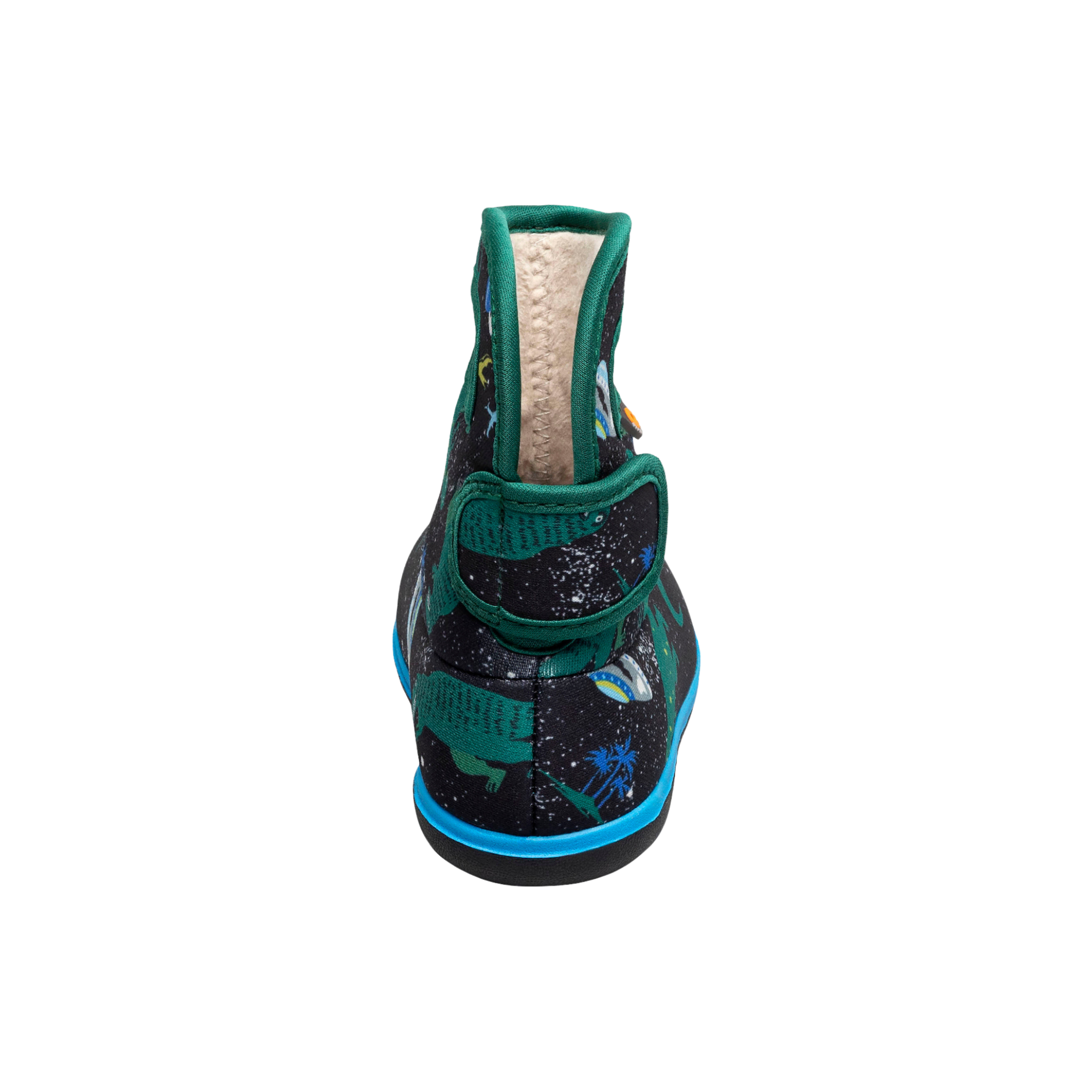Rear view of Baby BOGS II rain boots in Jurassic Dino design showing hook-and-loop back strap