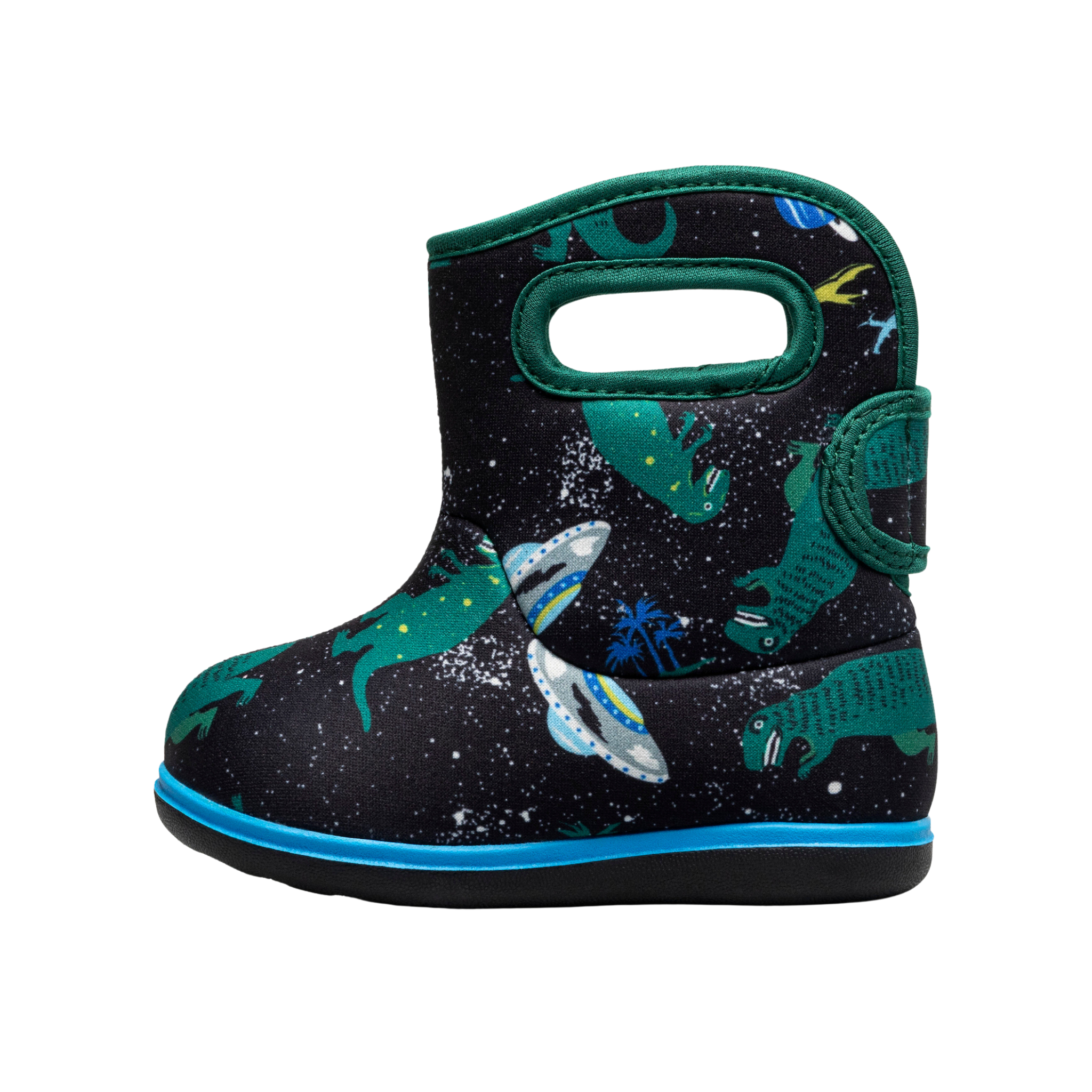 Side profile of Baby BOGS II waterproof boots in Jurassic Dino design with flexible Neo-Tech upper