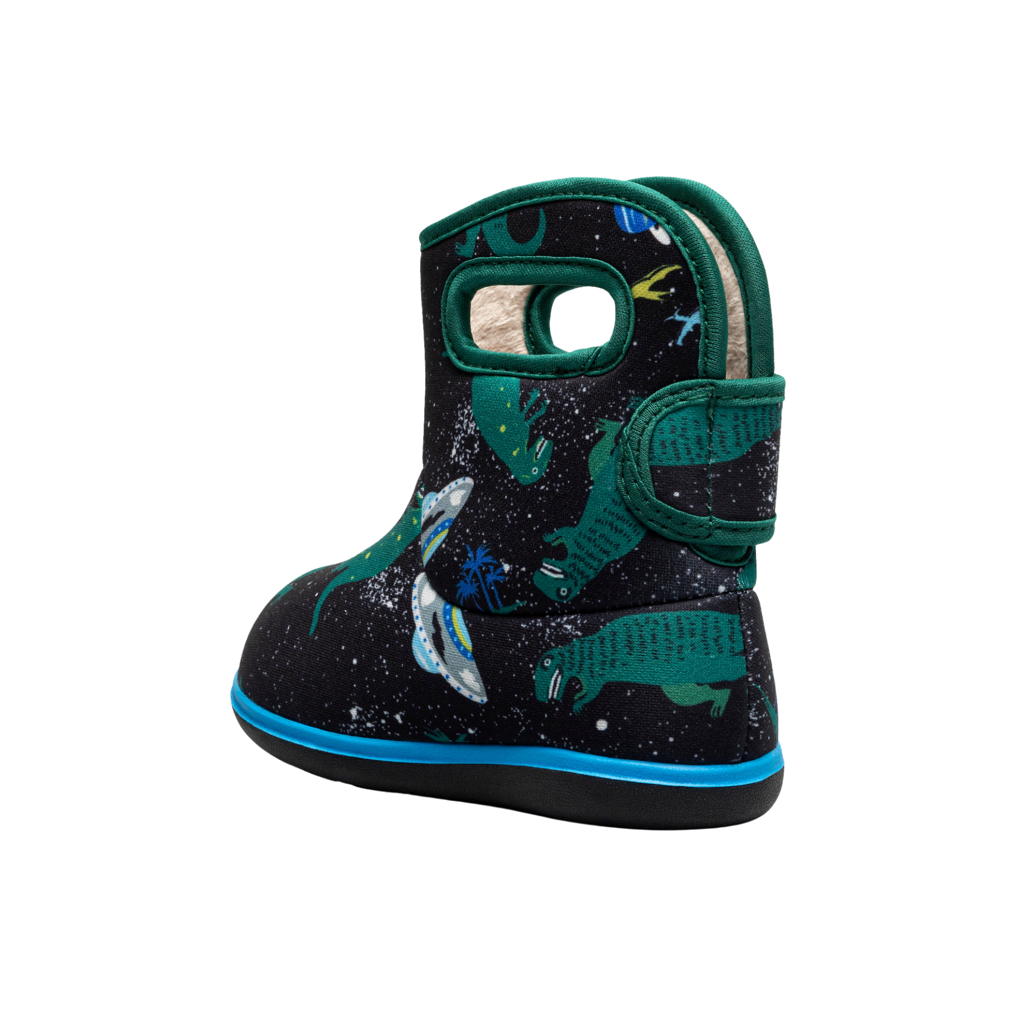 Rear view of Baby BOGS II rain boots in Jurassic Dino design showing hook-and-loop back strap
