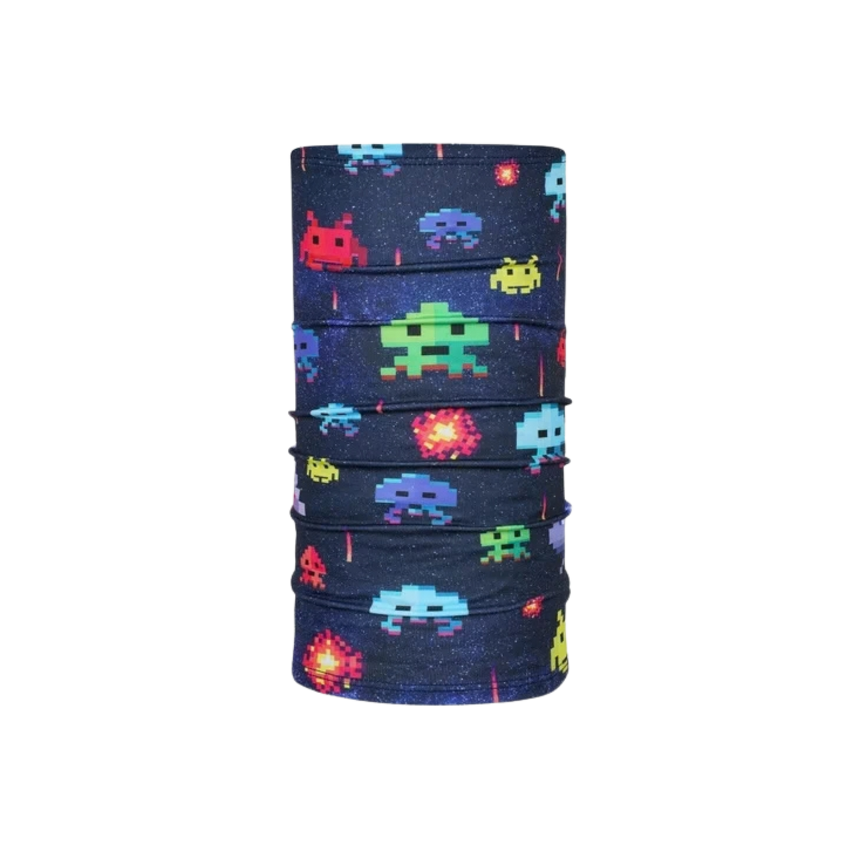 BlackStrap Kids Therma Tube dual-layer neck gaiter in Space Invaders design with four-way stretch, moisture-wicking fabric and UPF 50+ protection for ages 2 to 7