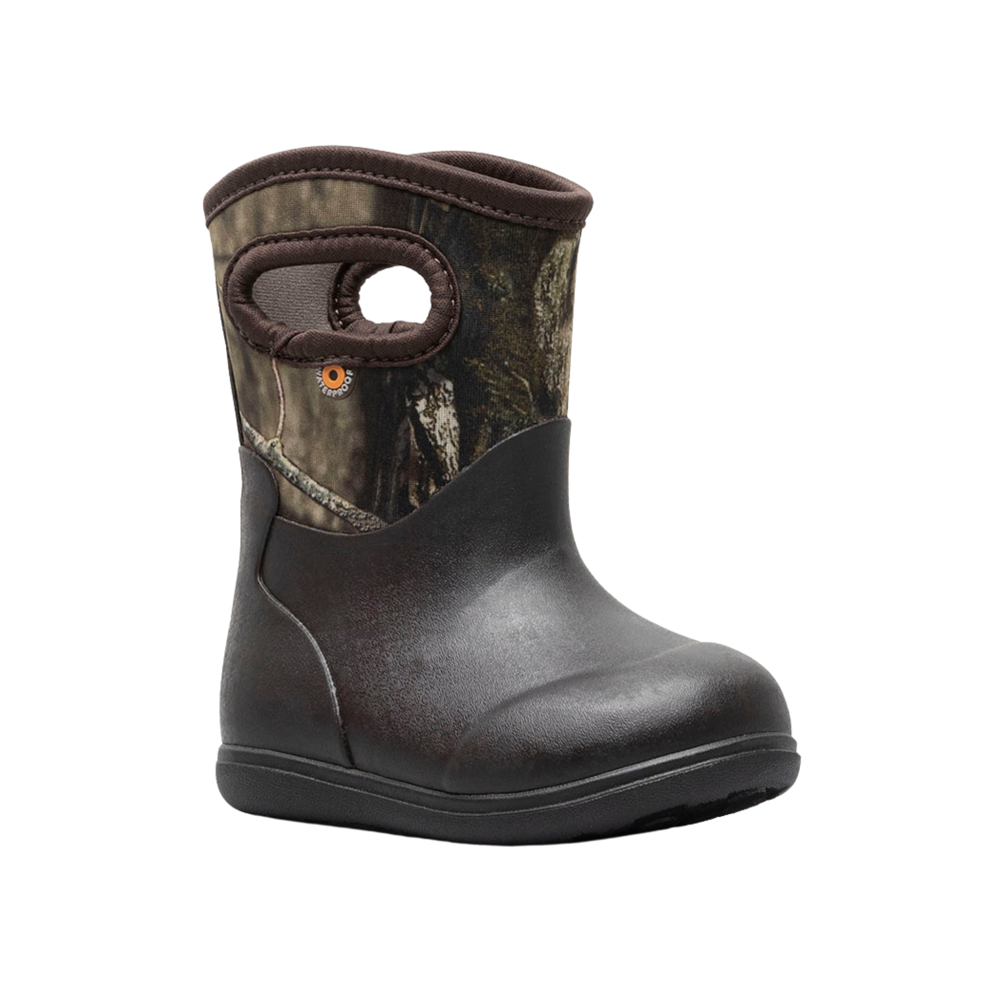 Side profile of BOGS Classic Toddler waterproof insulated rain boots in Mossy Oak design