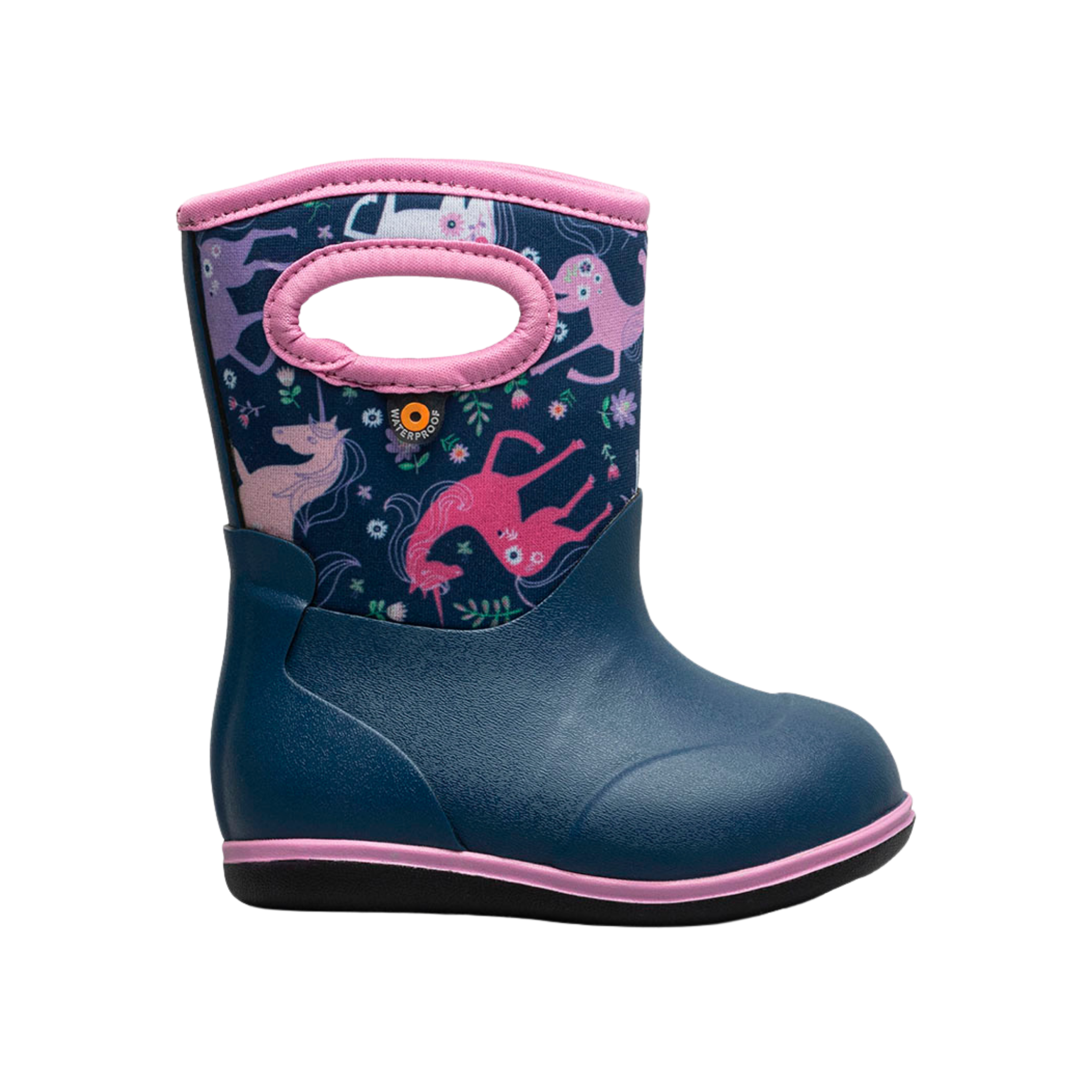 BOGS Classic Toddler waterproof rain boots in Unicorn Meadows design, suited for kids in Whistler