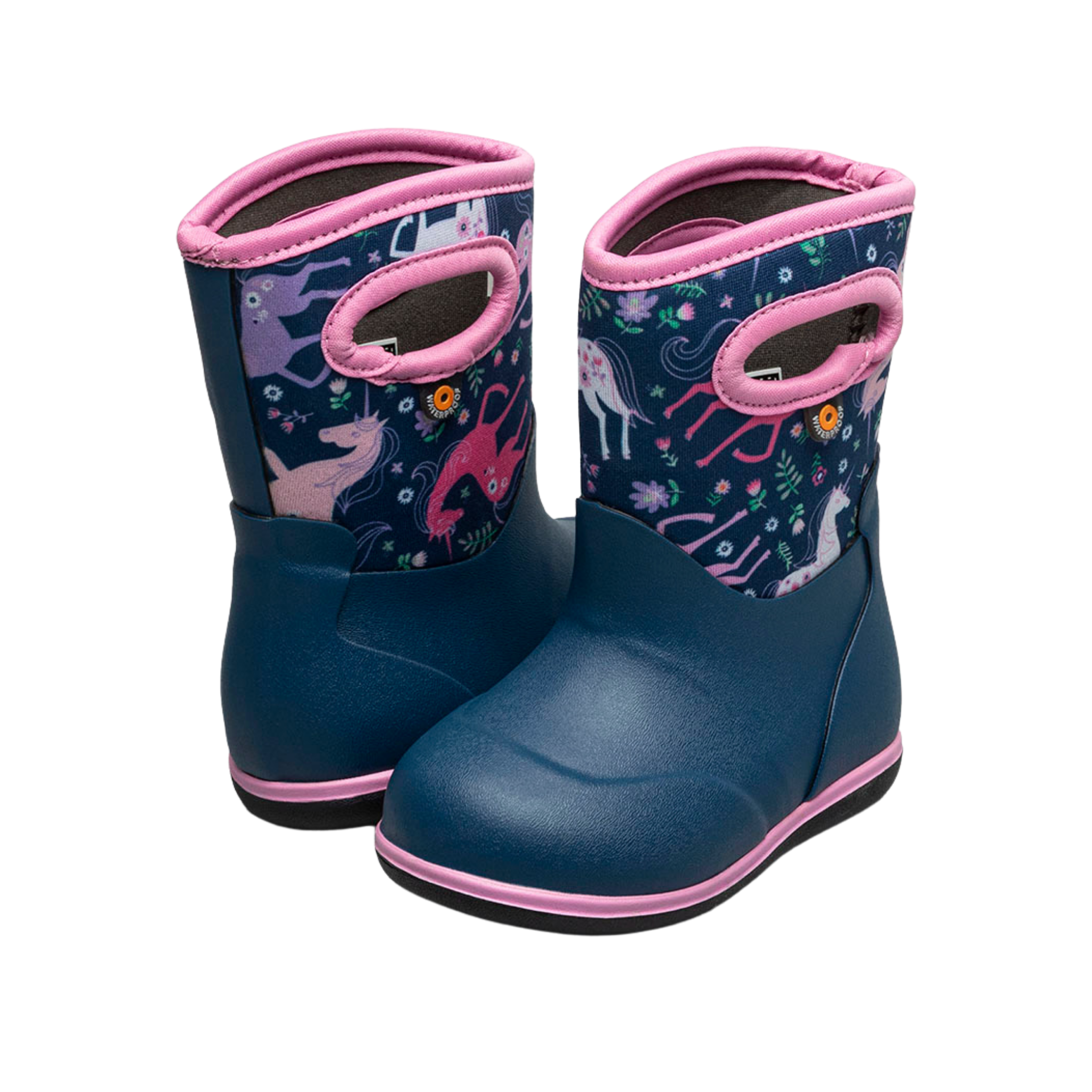 Side profile of BOGS Classic Toddler waterproof insulated rain boots in Unicorn Meadows design