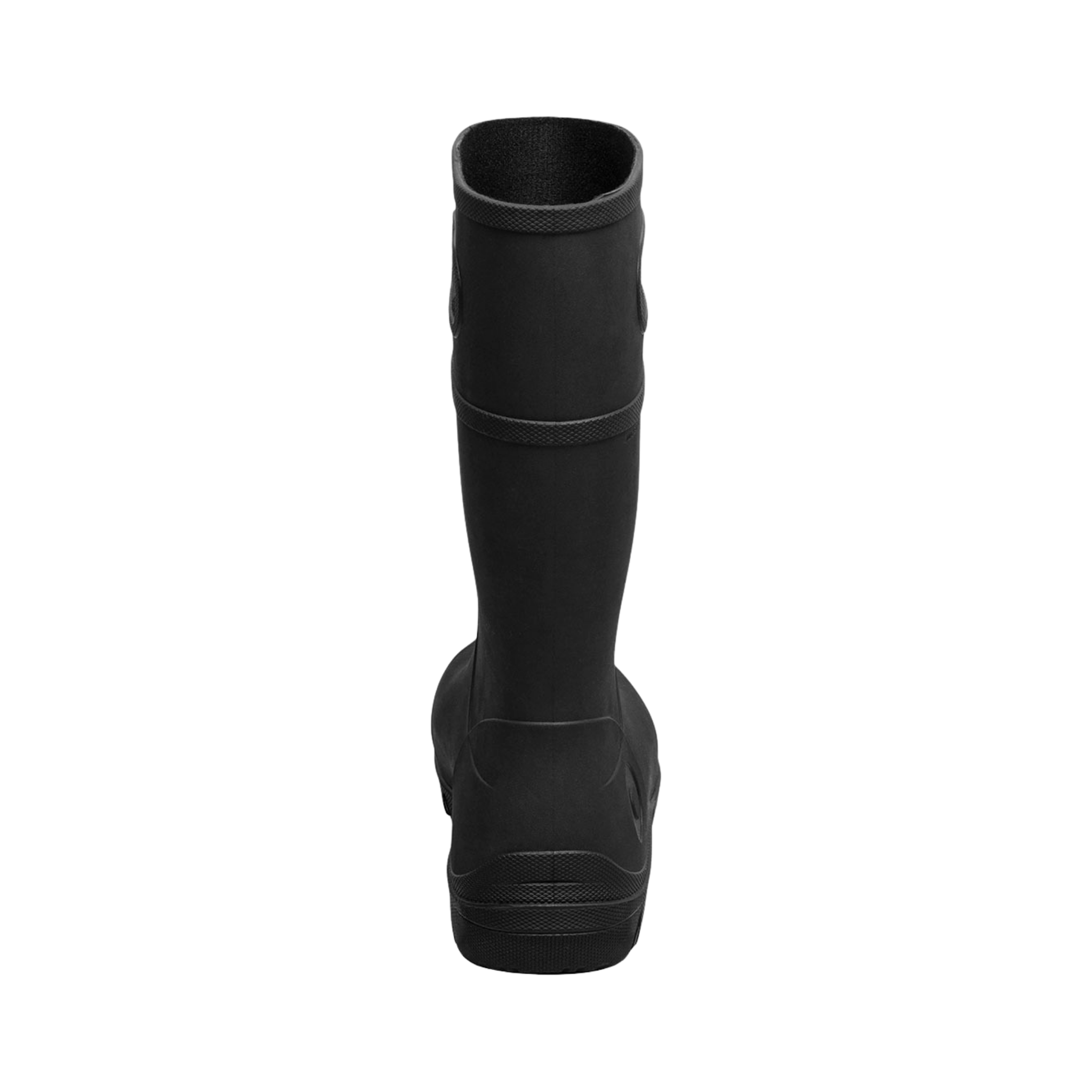 Rear view of BOGS Kids Essential Tall rain boots in Black showing pull-on handles