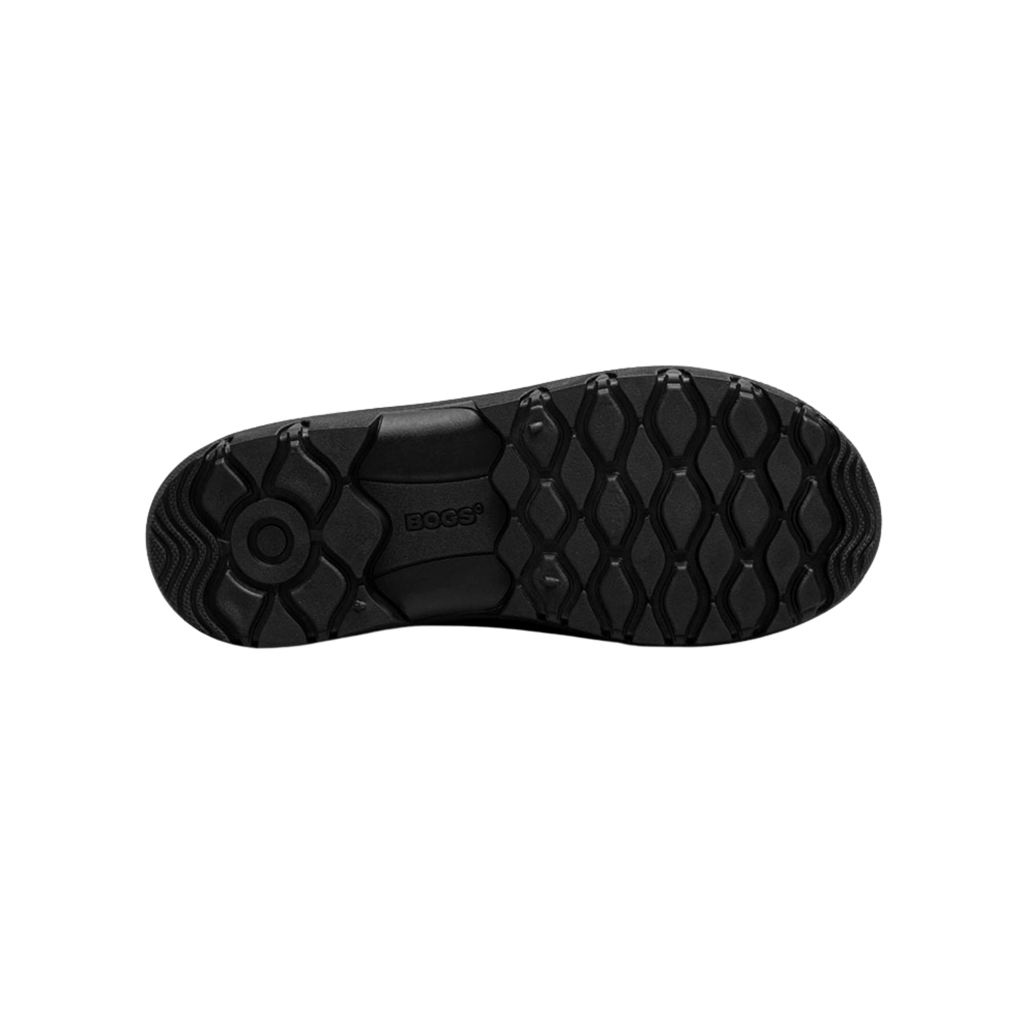 Bottom sole of BOGS Kids Essential Tall rain boots in Black with durable traction outsole
