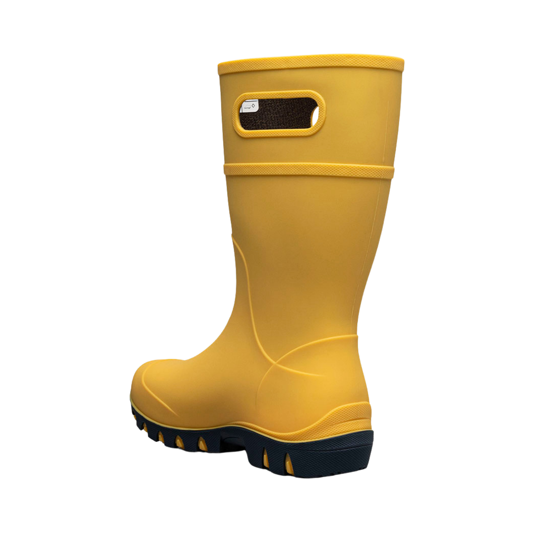 Rear view of BOGS Kids Essential Tall rain boots in Mustard color showing pull-on handles