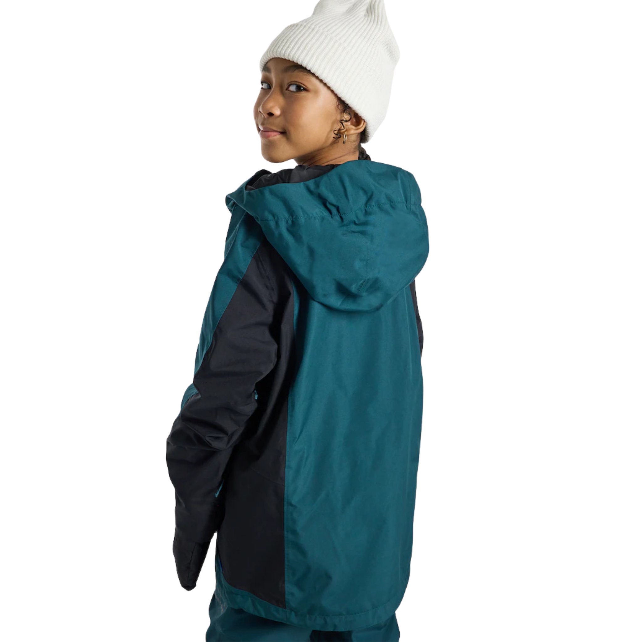 Rear view of Burton Kids GORE-TEX Shell Jacket in Deep Emerald / True Black color combination with recycled polyester 75D shell and articulated construction