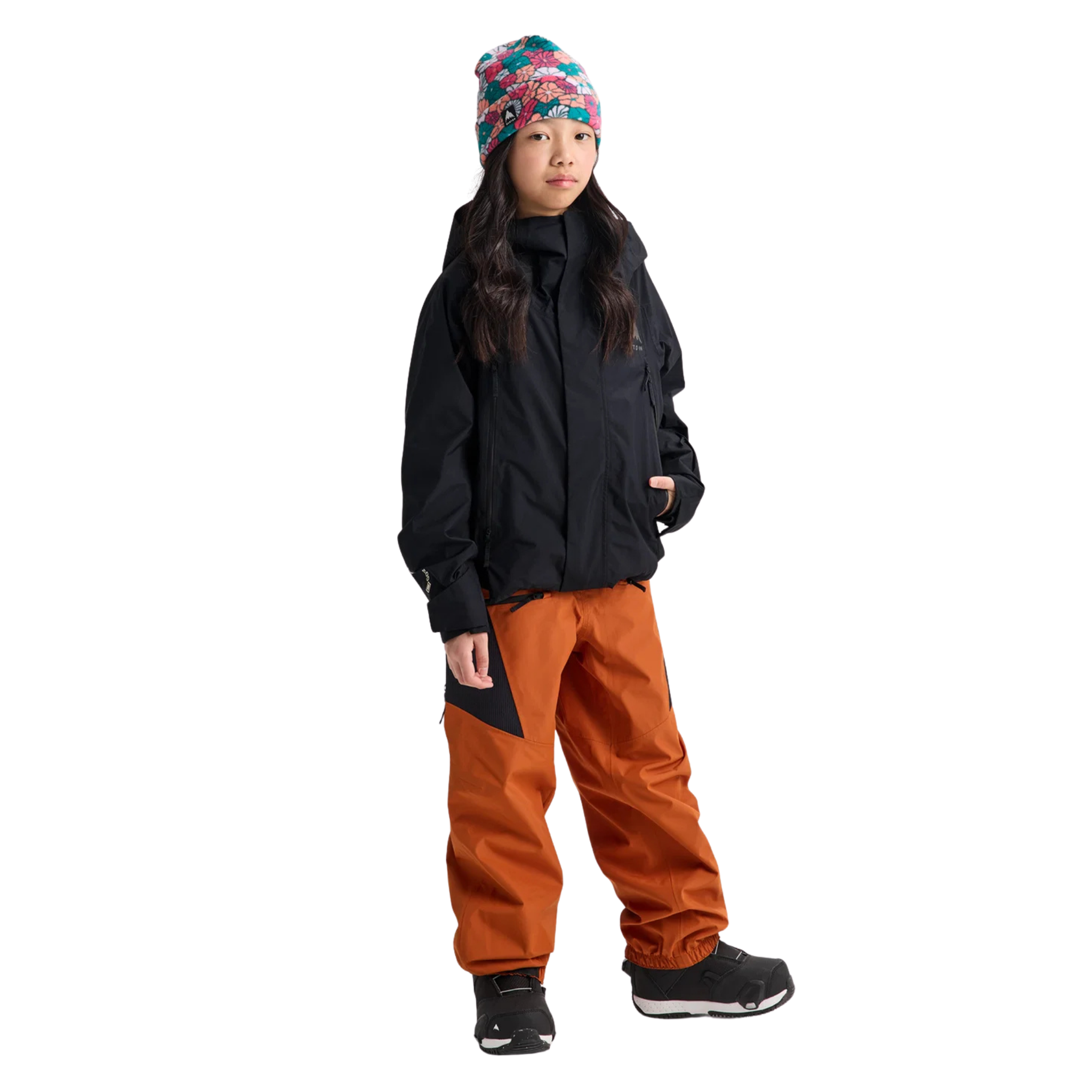 Side view of Burton Kids GORE-TEX Shell Jacket in True Black with articulated patterning and Room-To-Grow system