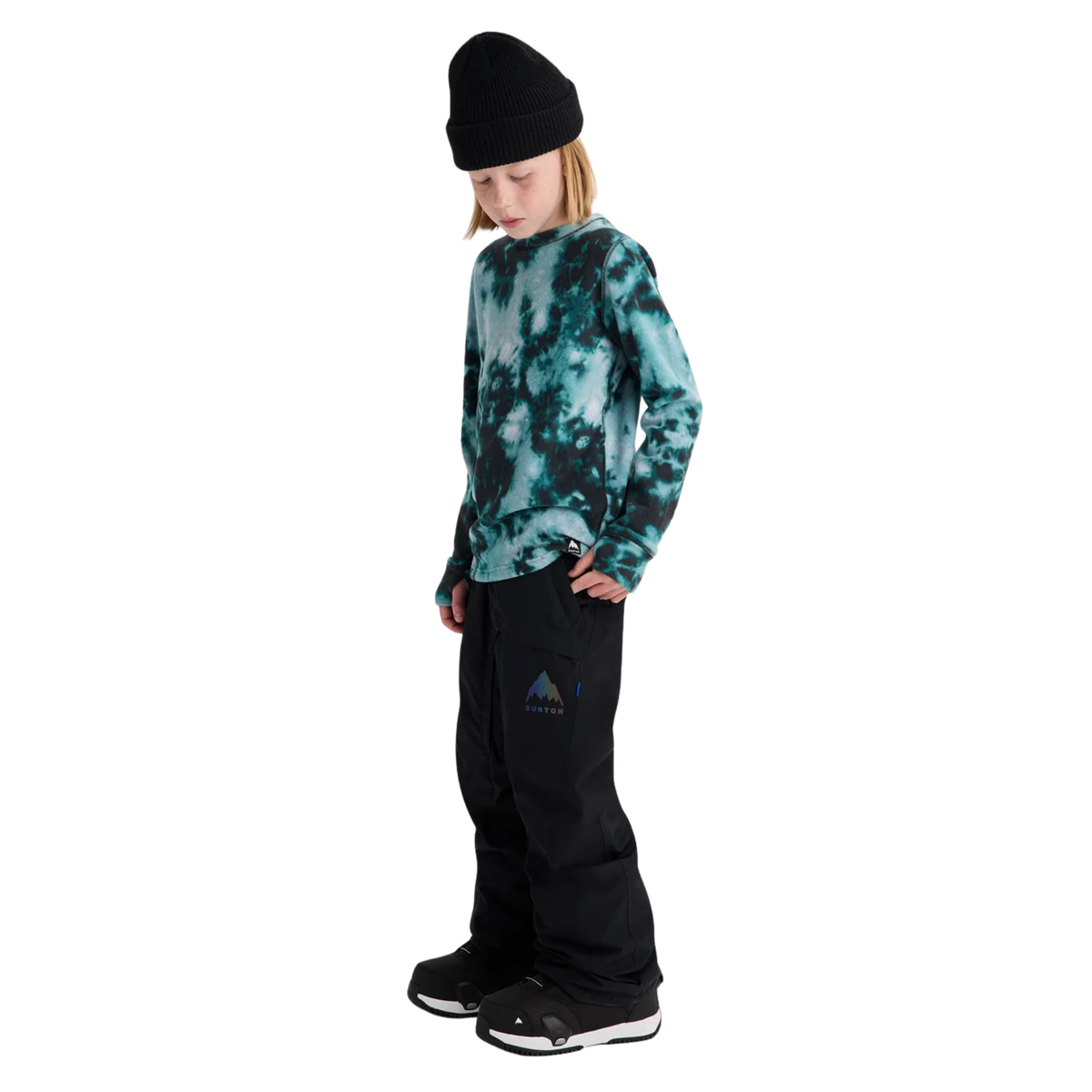 Side view of Burton Kids GORE-TEX Shell Snow Pants in True Black with articulated knees, thigh vent and Room-To-Grow system