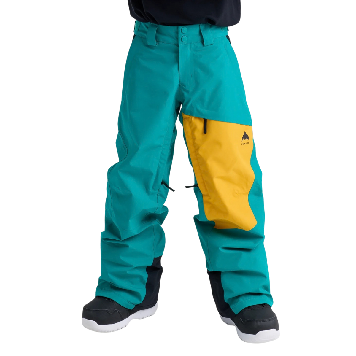 Front view of Burton Kids GORE-TEX Shell Pants in Pacific Teal / Goldenrod / True Black with waterproof breathable shell construction and external waist adjustment