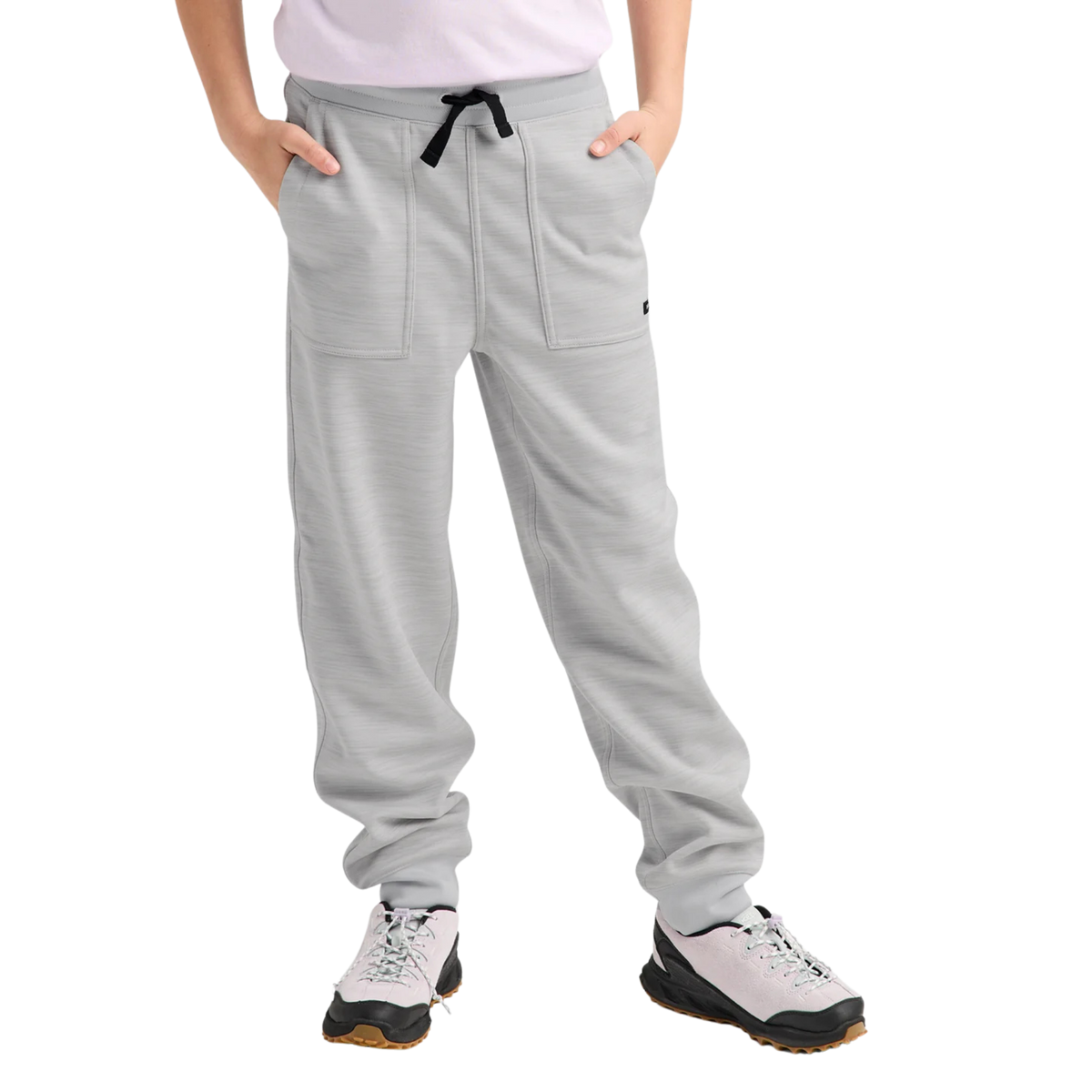 Front view of Burton Kids Oak Fleece Pants in Grey Cloud Heather with recycled brushback fleece, drawcord waistband and patch-on handwarmer pockets