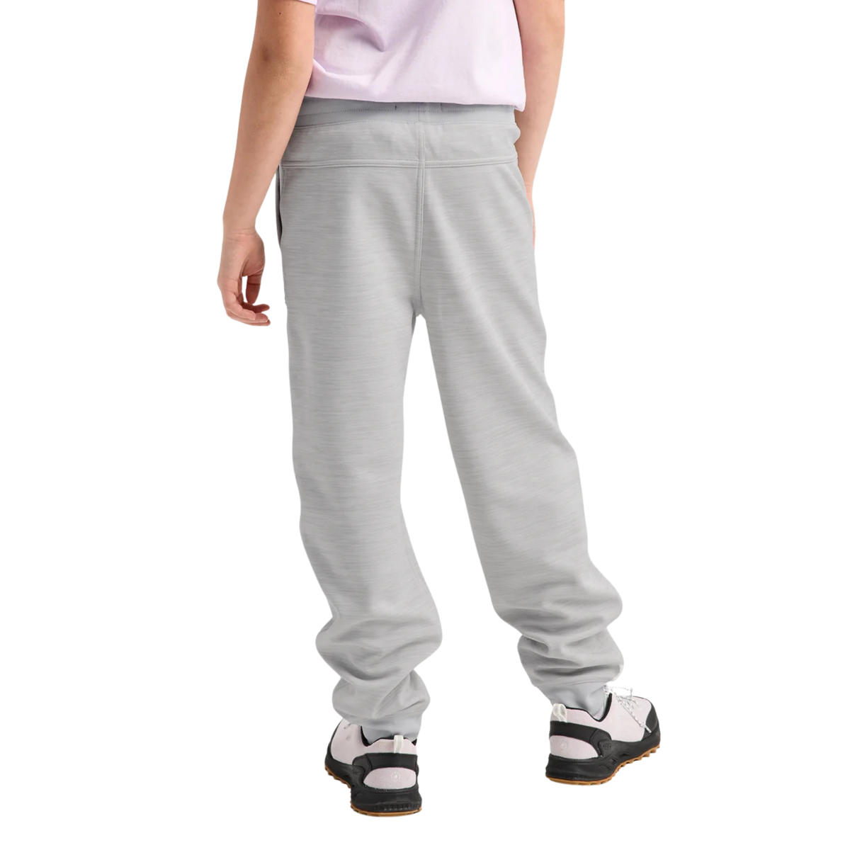 Rear view of Burton Kids Oak Fleece Pants in Grey Cloud Heather with soft recycled polyester brushback fleece and comfortable regular fit