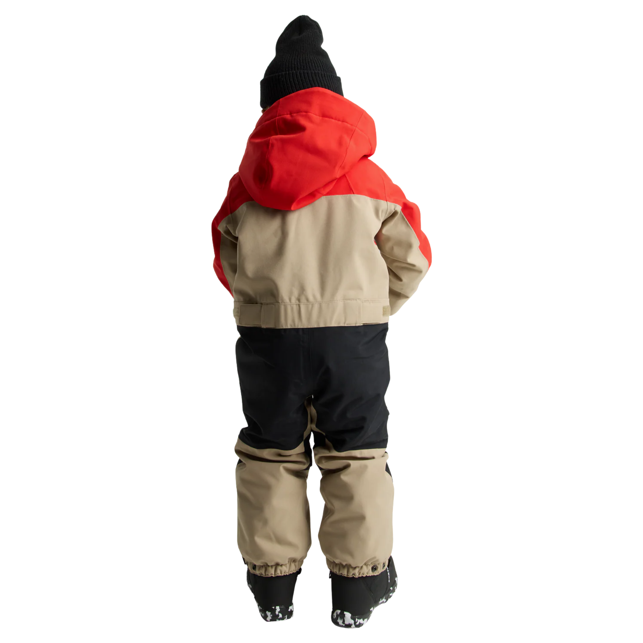 Rear view of Burton Kids One-Piece Snowsuit in Flame Scarlet / Summit Taupe design with reinforced seat and Room-To-Grow system