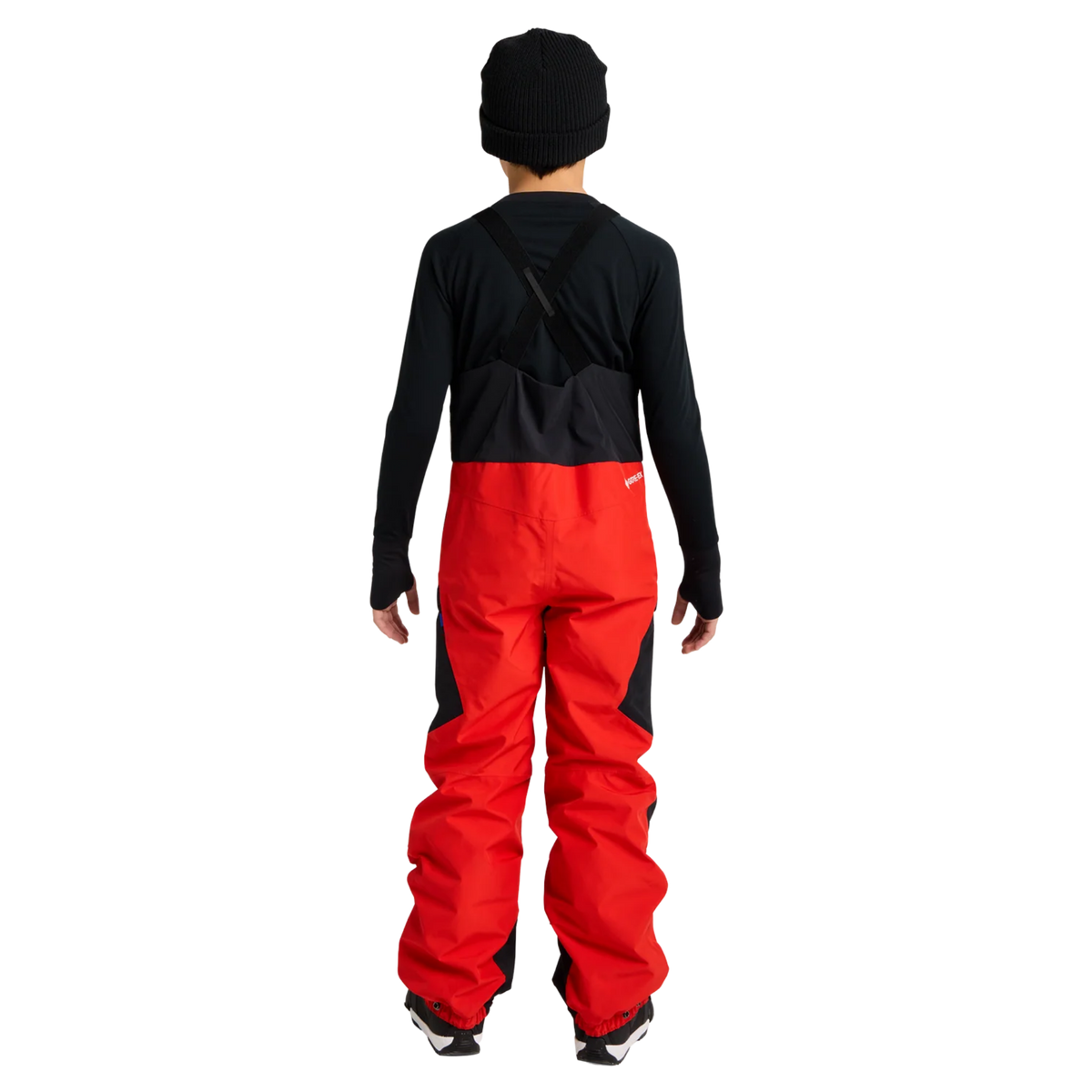 Rear view of Burton Kids Powline GORE-TEX Bib Pants in Flame Scarlet / True Black color combination with stretch back panel and adjustable suspenders