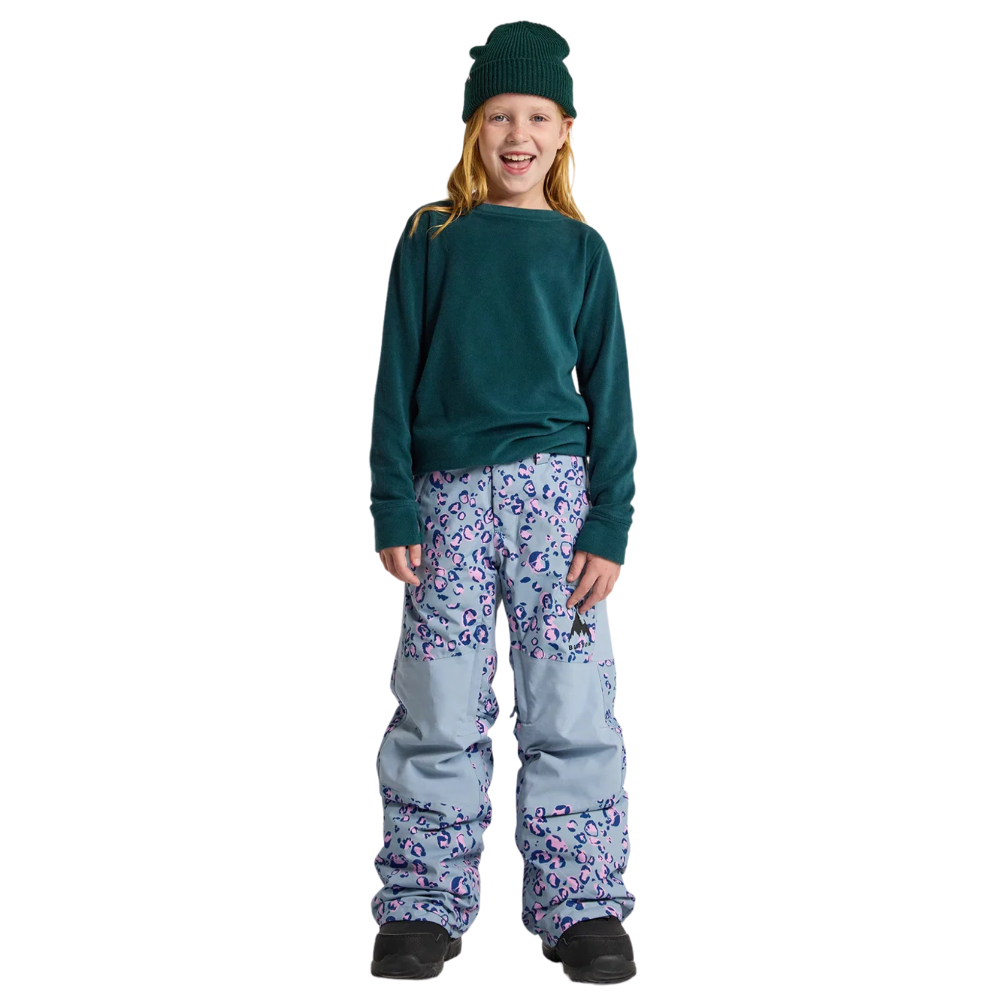 Front view of Burton Kids Skylar Pants in Cheetah design with 15K DRYRIDE protection, 60g insulation and adjustable waistband