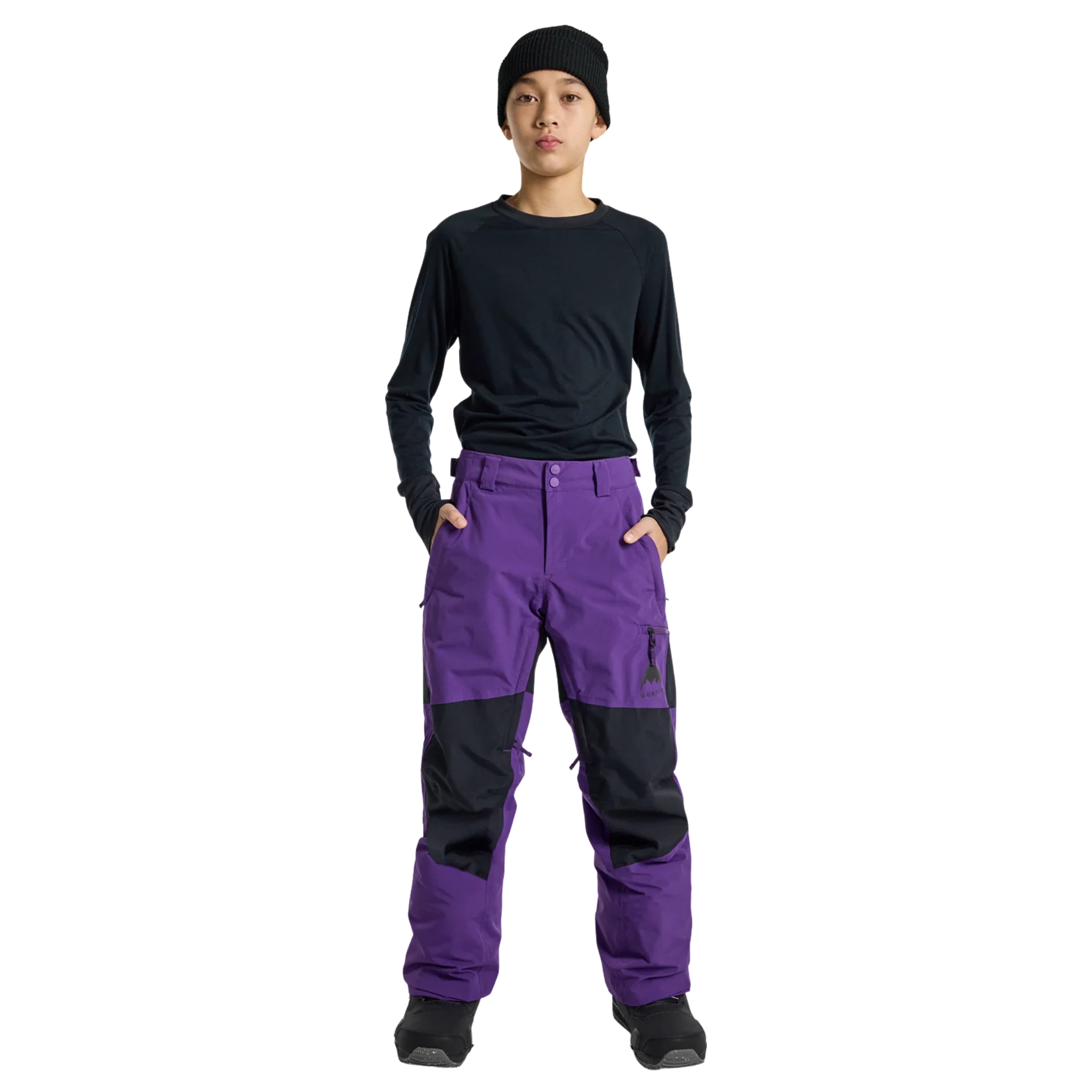 Front view of Burton Kids Skylar Pants in Imperial Purple with 15K DRYRIDE protection, 60g insulation and adjustable waistband