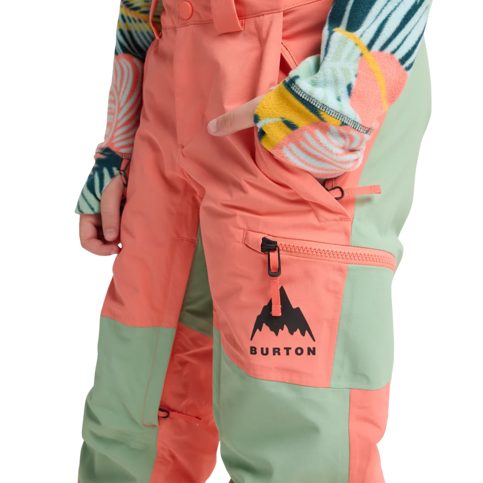 Side view of Burton Kids Skylar Pants in Peach Echo design with articulated reinforced knees and 15K waterproof construction