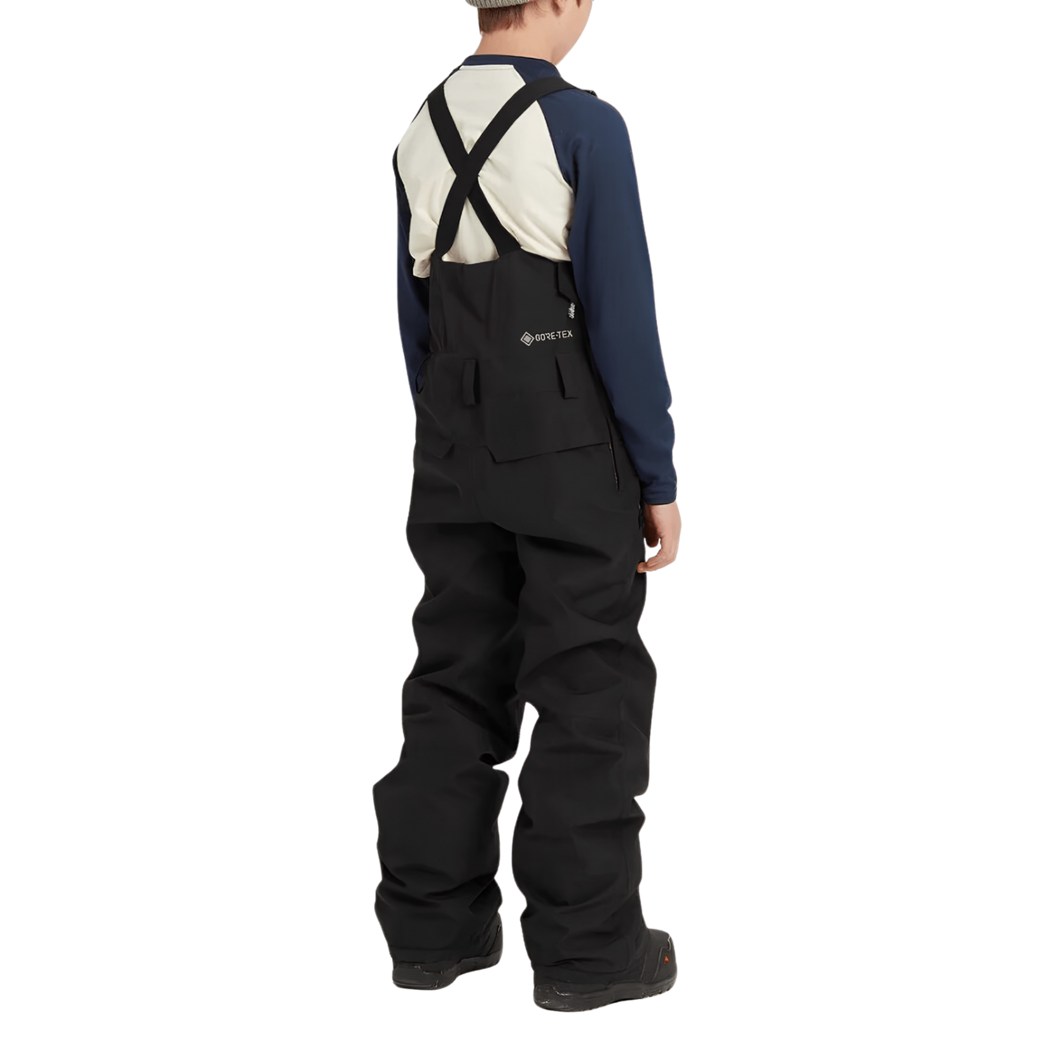 Side view of Burton Kids Stark GORE-TEX 2L Bib Pants in True Black design with articulated patterning and crotch gusset