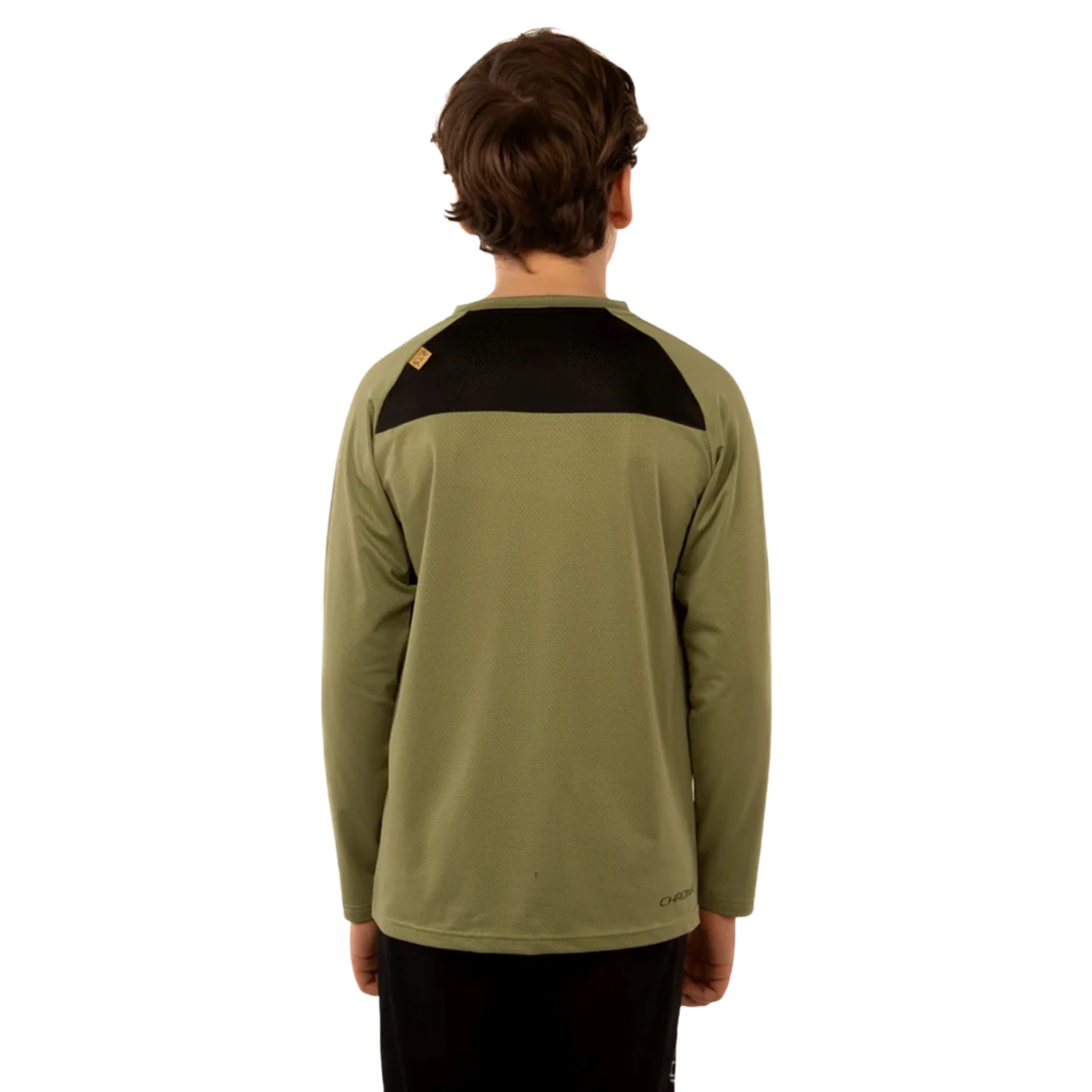 Rear view of Chromag Dominion LS MTB jersey in Bear Rider Sage design showing breathable mesh back panel