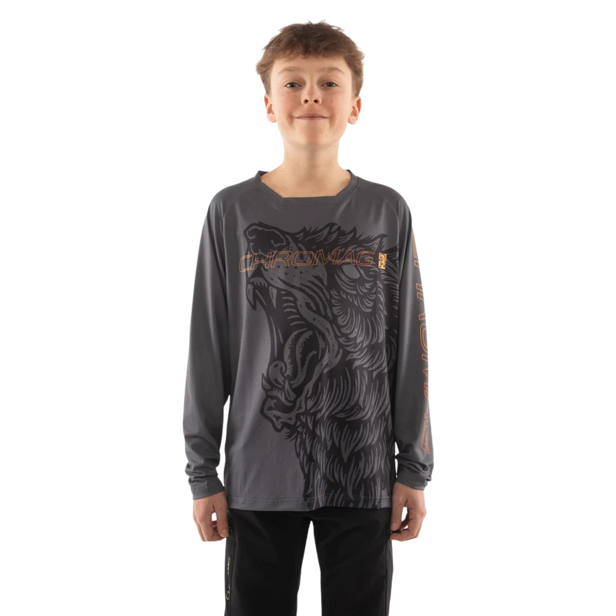 Chromag Dominion long sleeve MTB jersey in Creature Grey design, suited for trail and Whistler Bike Park riding