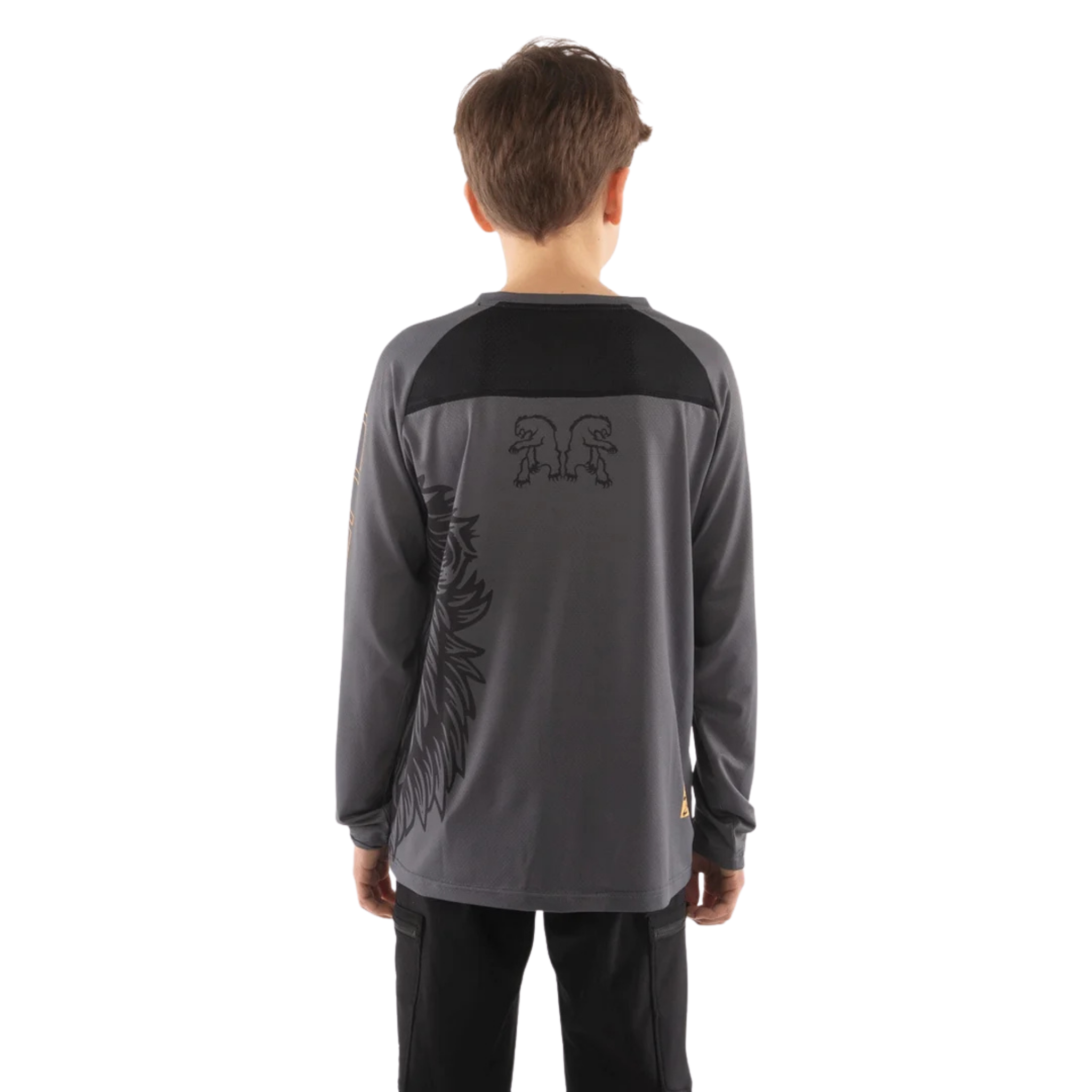 Rear view of Chromag Dominion LS MTB jersey in Creature Grey design showing breathable mesh back panel