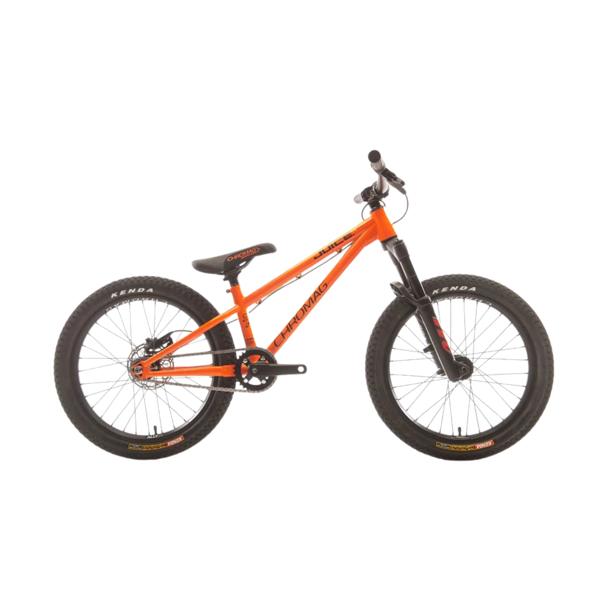 Chromag Juice kids dirt jump mountain bike in Tang color with 4130 chromoly frame and 20 or 24 inch wheels
