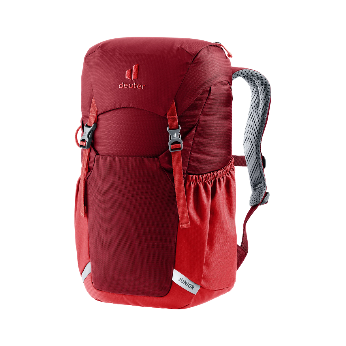 Deuter Junior 18L Backpack in Cherry color suited for kids ages 7+ with Airstripes back system, S-shaped shoulder straps and durable outdoor construction