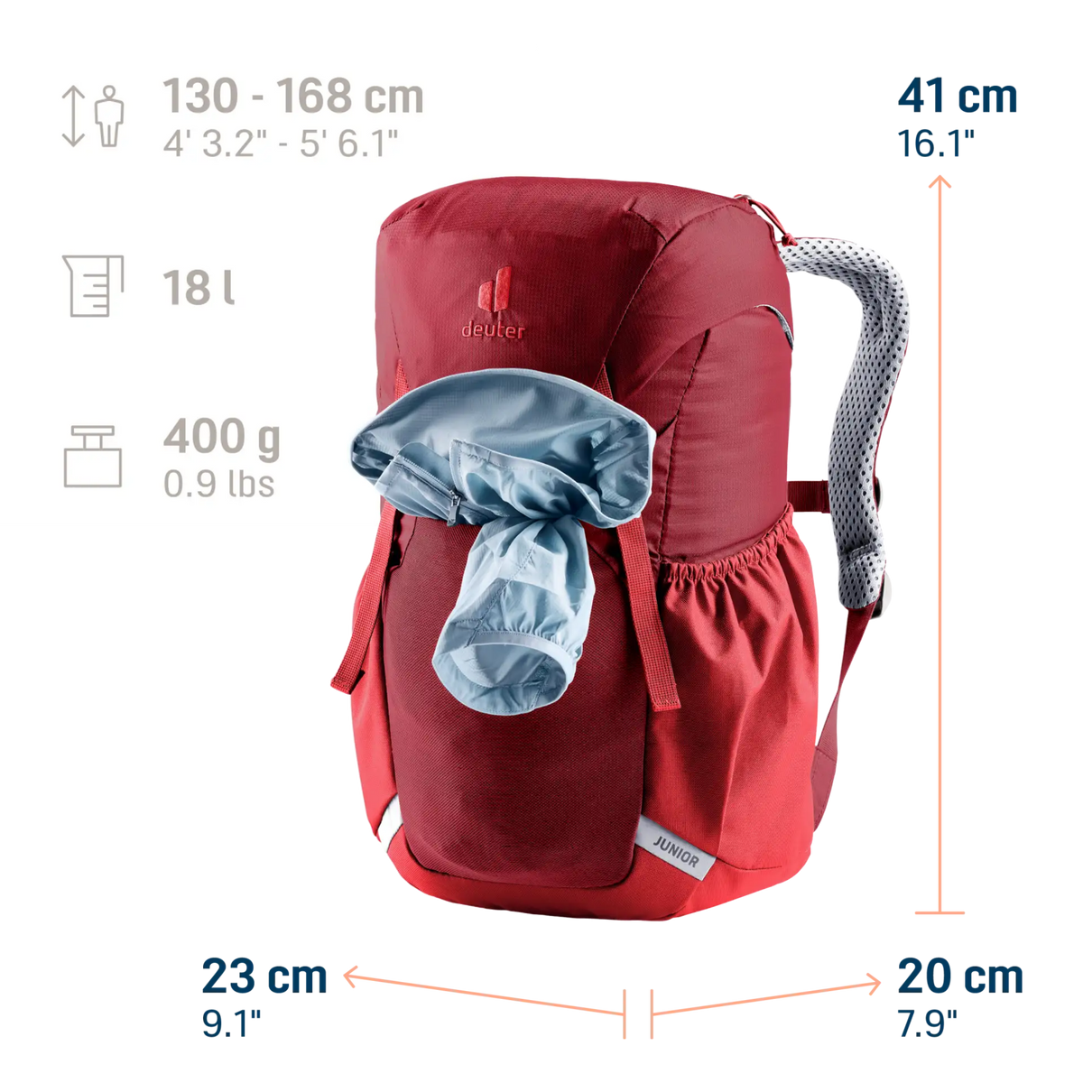 Deuter Junior 18L Backpack in Cherry color with kid-specific carrying system designed for adventurous children ages 7 and older