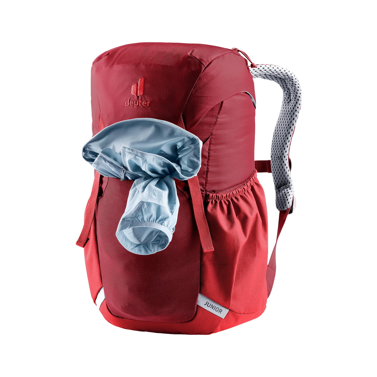 Deuter Junior 18L Backpack in Cherry color with stretch front stash pocket for quick-access storage during hiking and outdoor adventures
