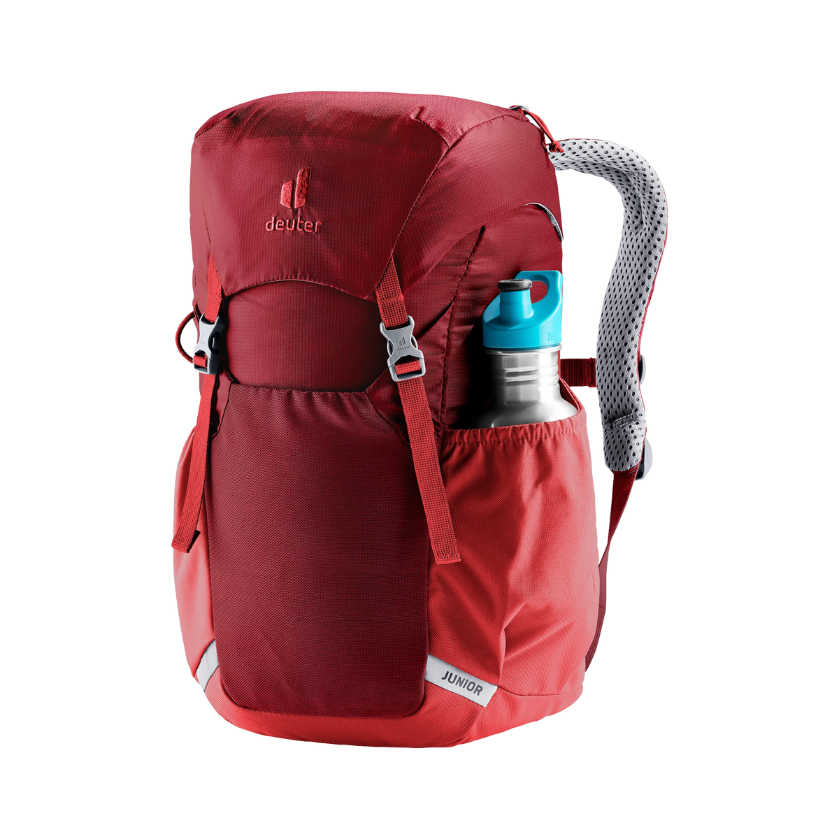 Deuter Junior 18L Backpack in Cherry color with elastic side pocket designed for convenient storage of bottles and trail essentials