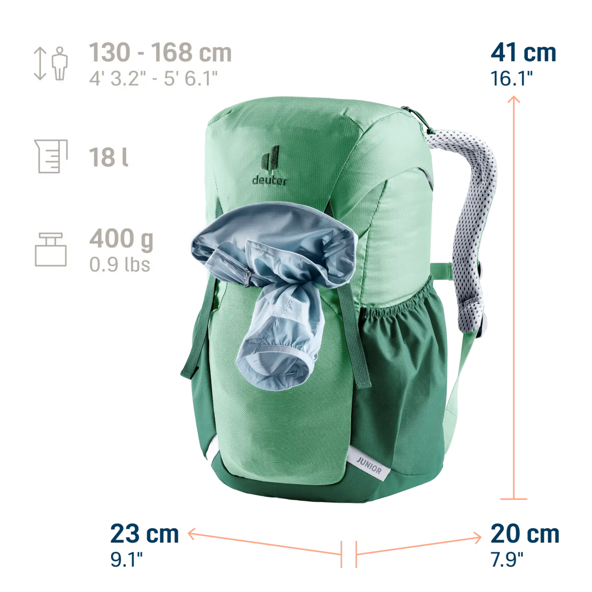 Deuter Junior 18L Backpack in Spearmint color with kid-specific carrying system designed for adventurous children ages 7 and older