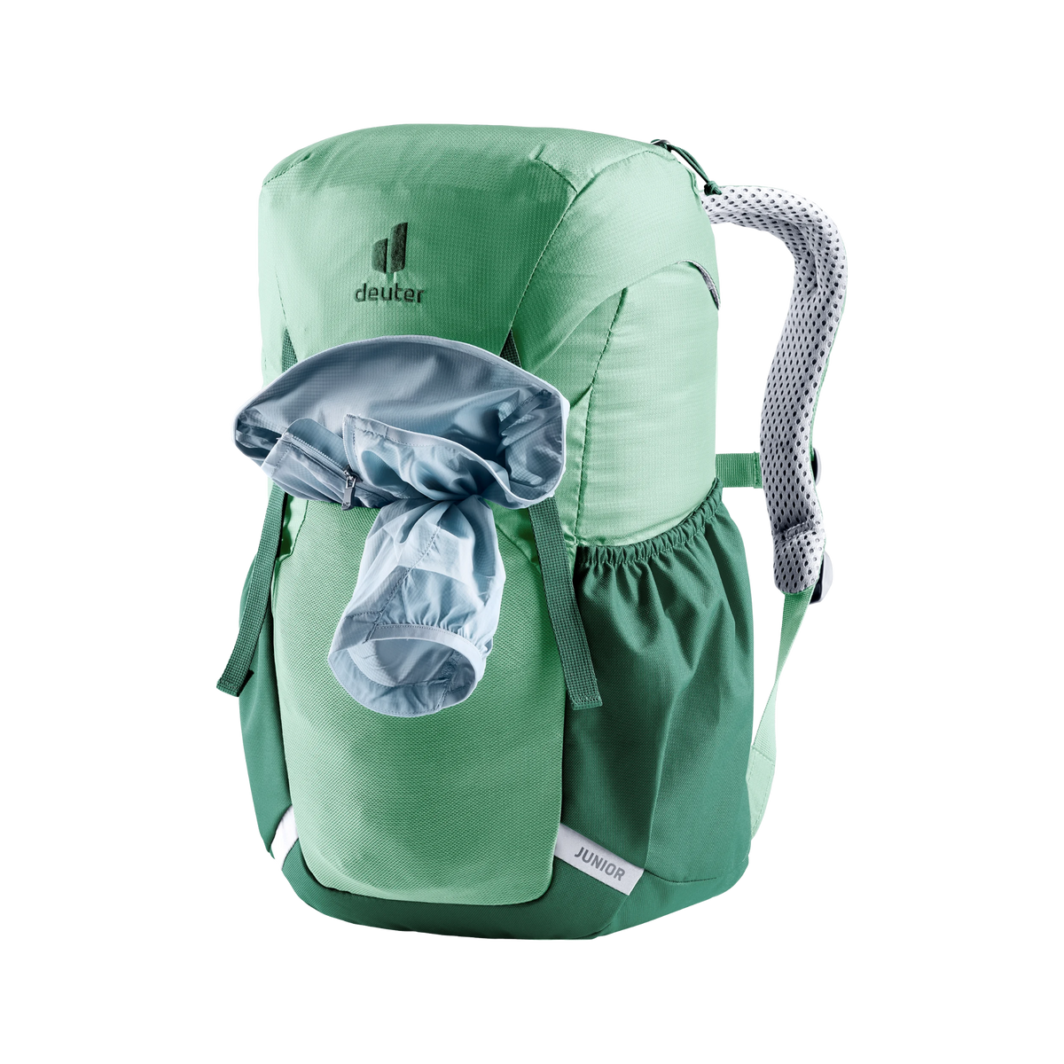 Deuter Junior 18L Backpack in Spearmint color with stretch front stash pocket for quick-access storage during hiking and outdoor adventures