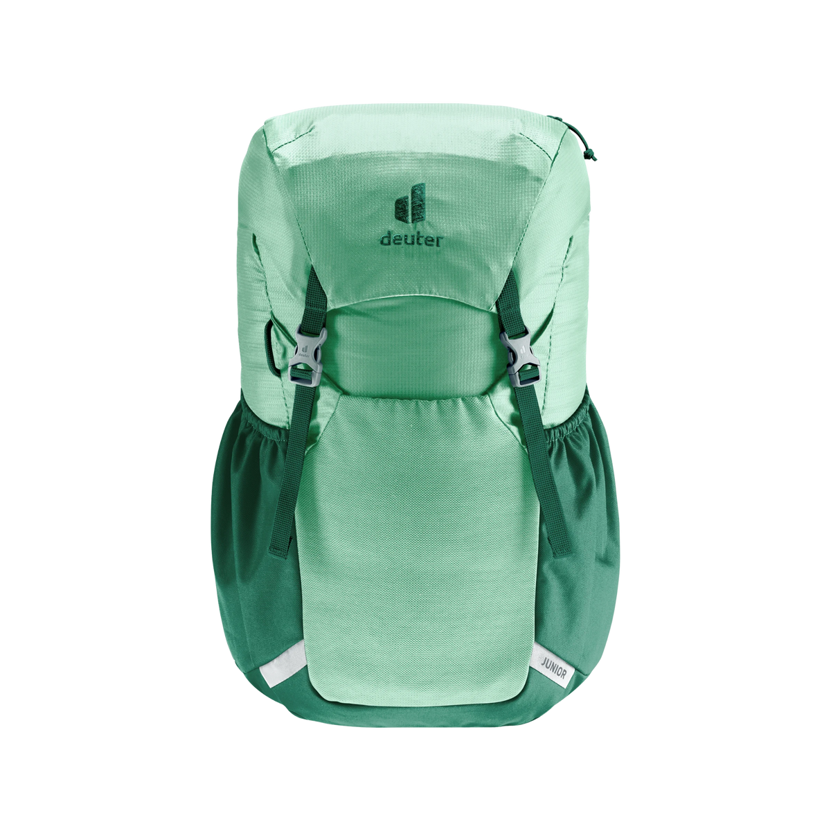 Front view of Deuter Junior 18L Backpack in Spearmint color with stretch stash pocket, reflective details and 18-litre storage capacity
